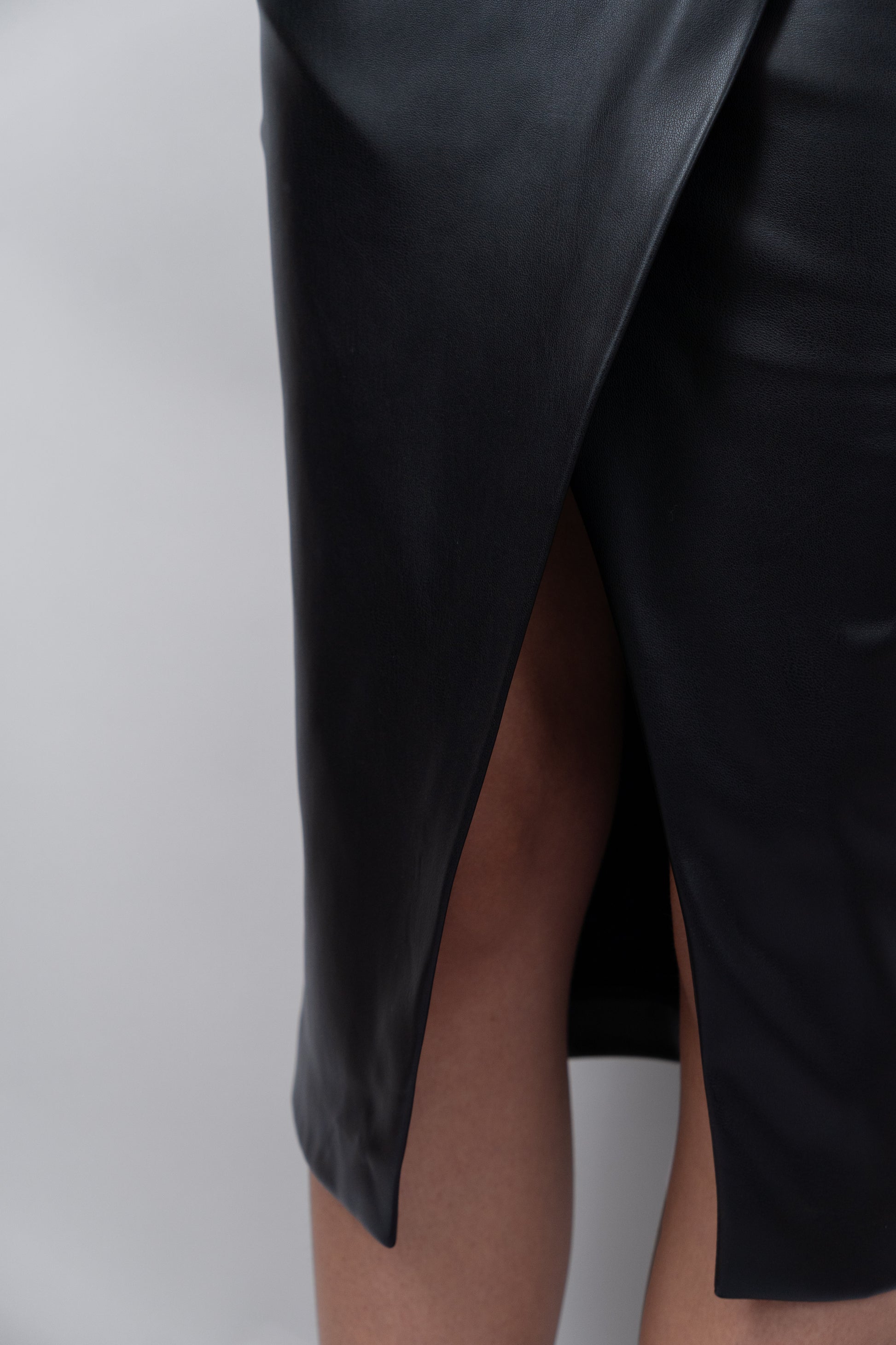 Draped Faux Leather Midi Skirt