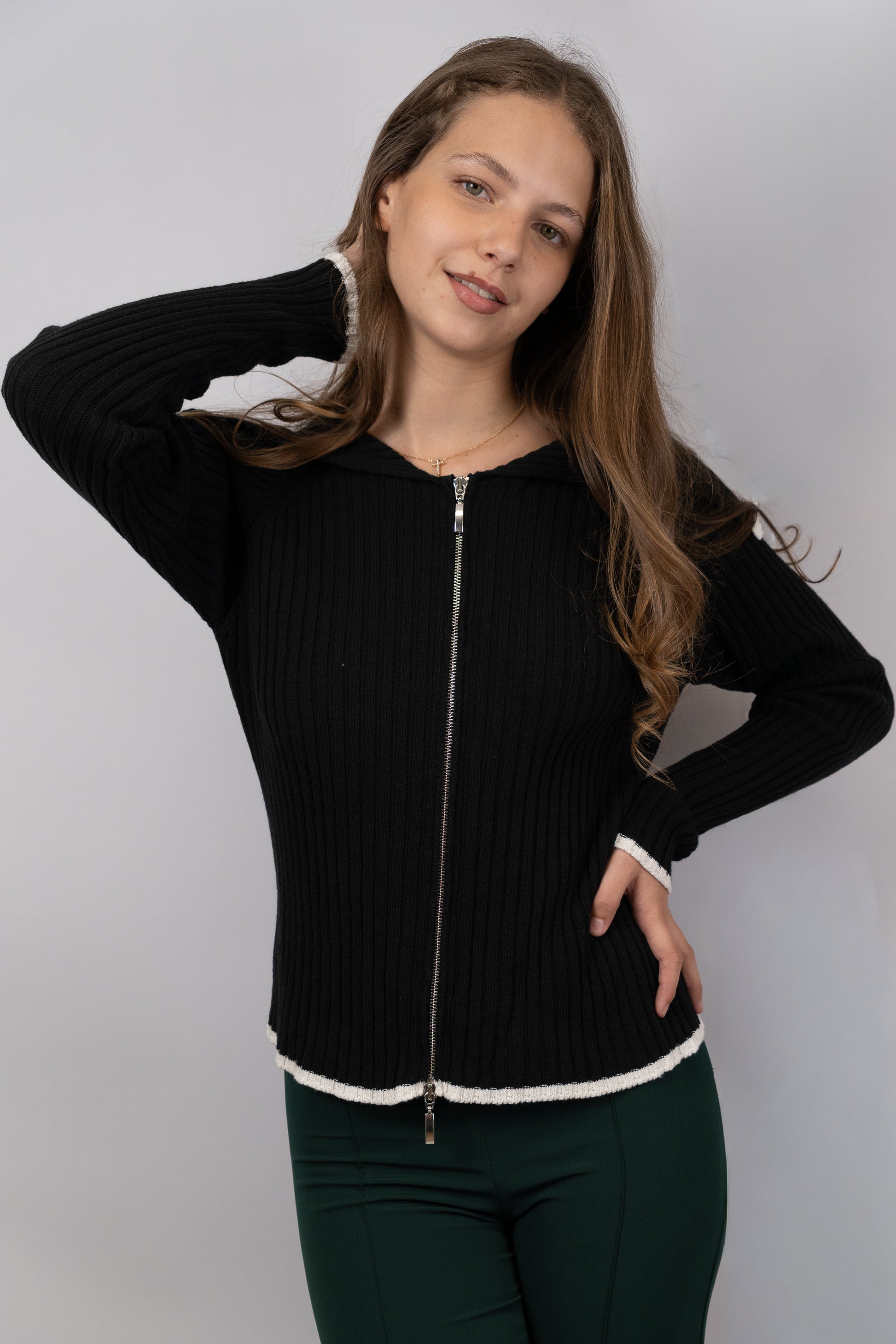 Zip-Up Ribbed Knit Cardigan