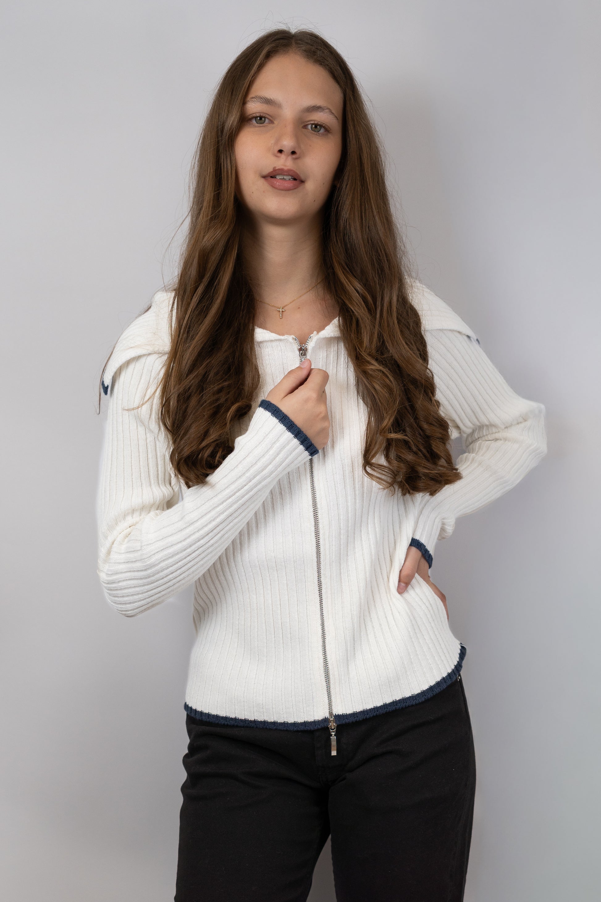 Zip-Up Ribbed Knit Cardigan