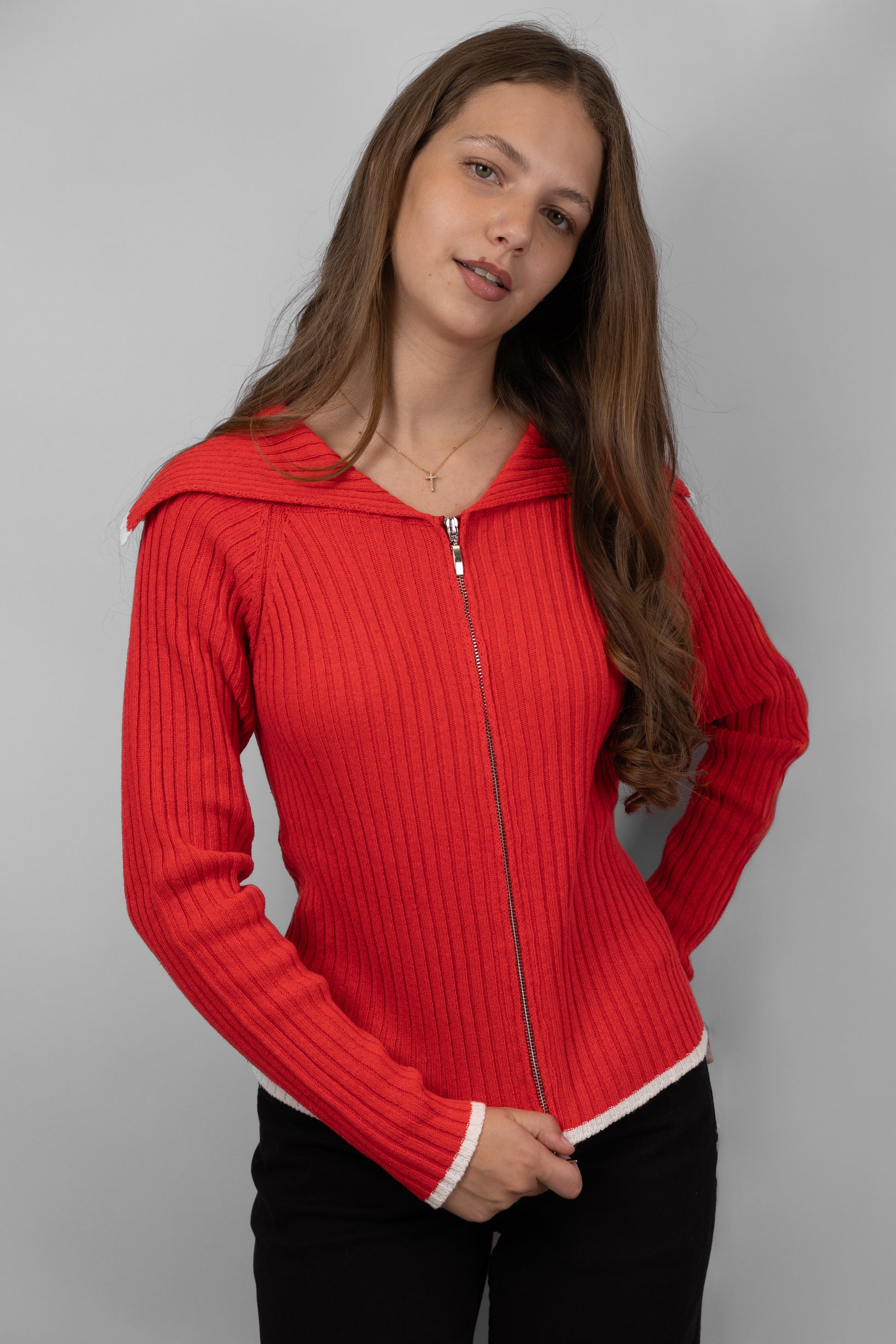 Zip-Up Ribbed Knit Cardigan