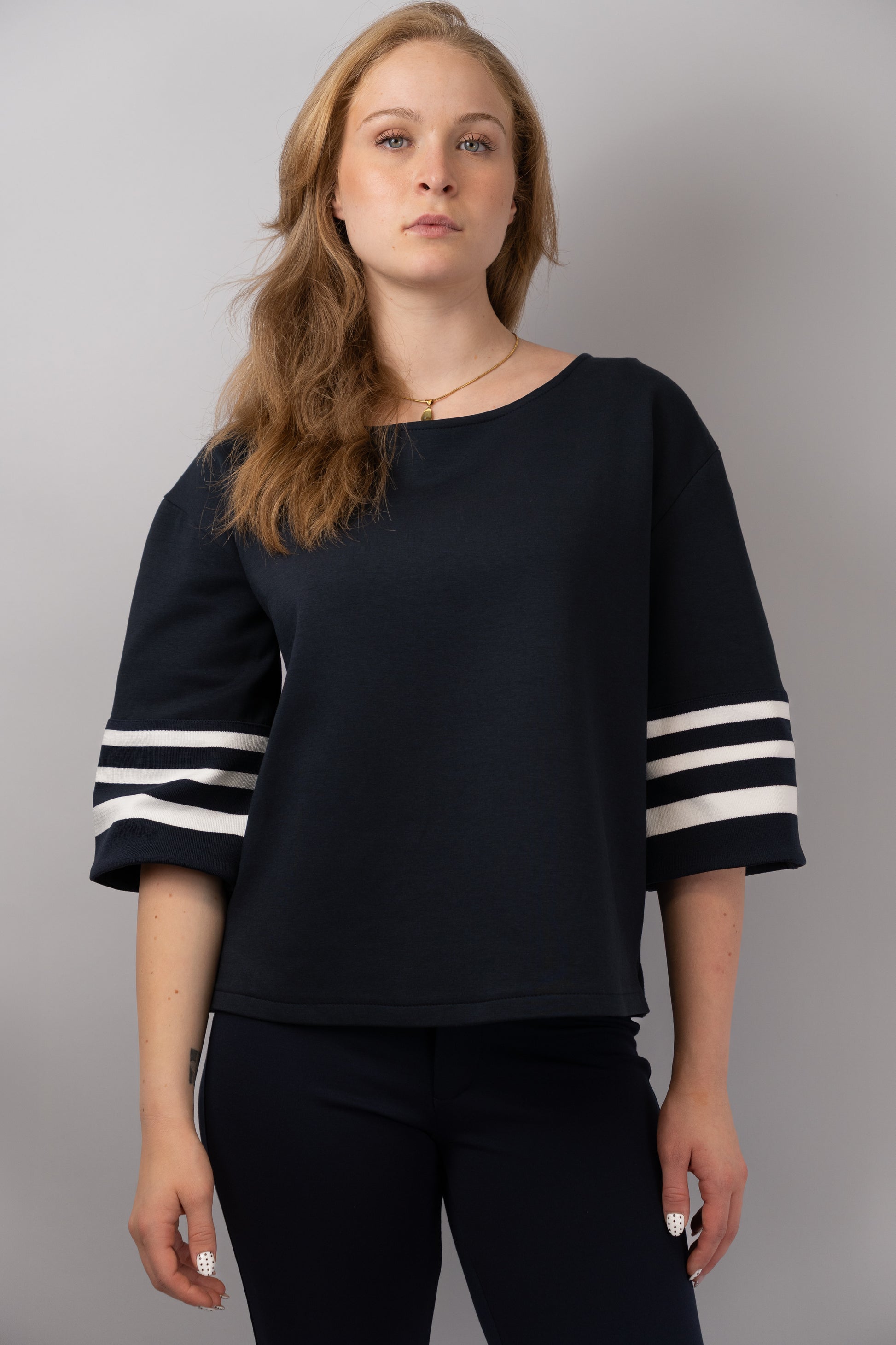 Navy Sweatshirt Top with Striped Sleeves