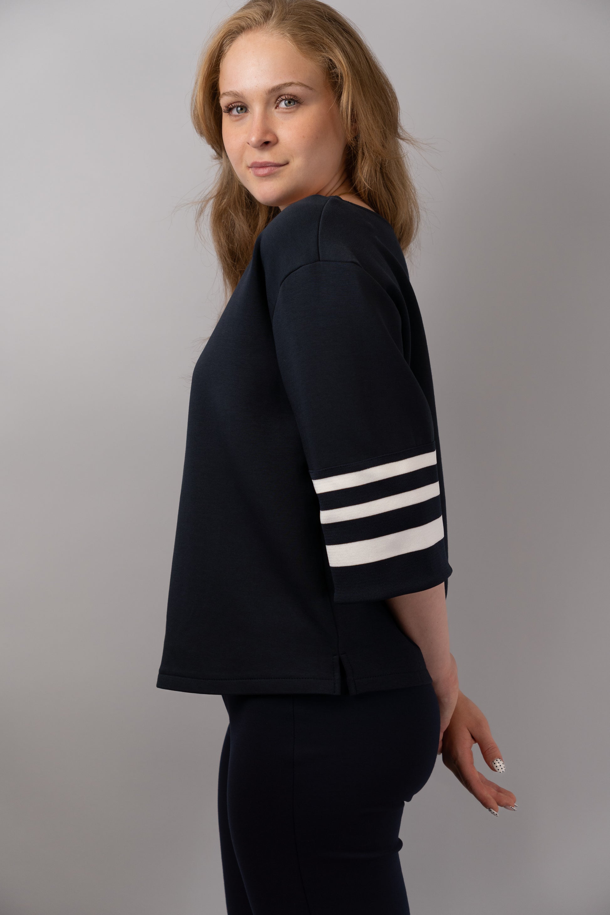 Navy Sweatshirt Top with Striped Sleeves