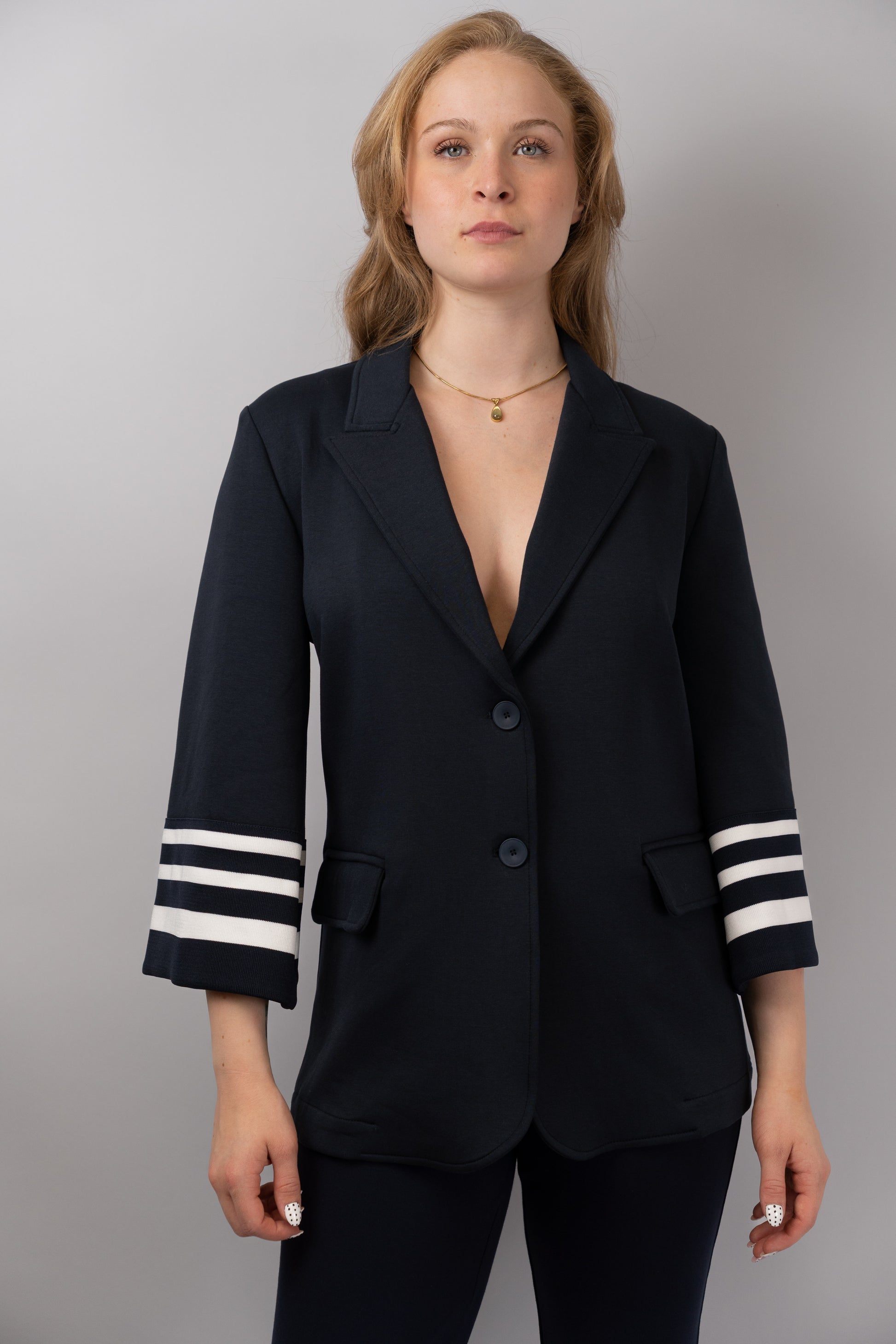 Navy Blazer with Striped Cuffs