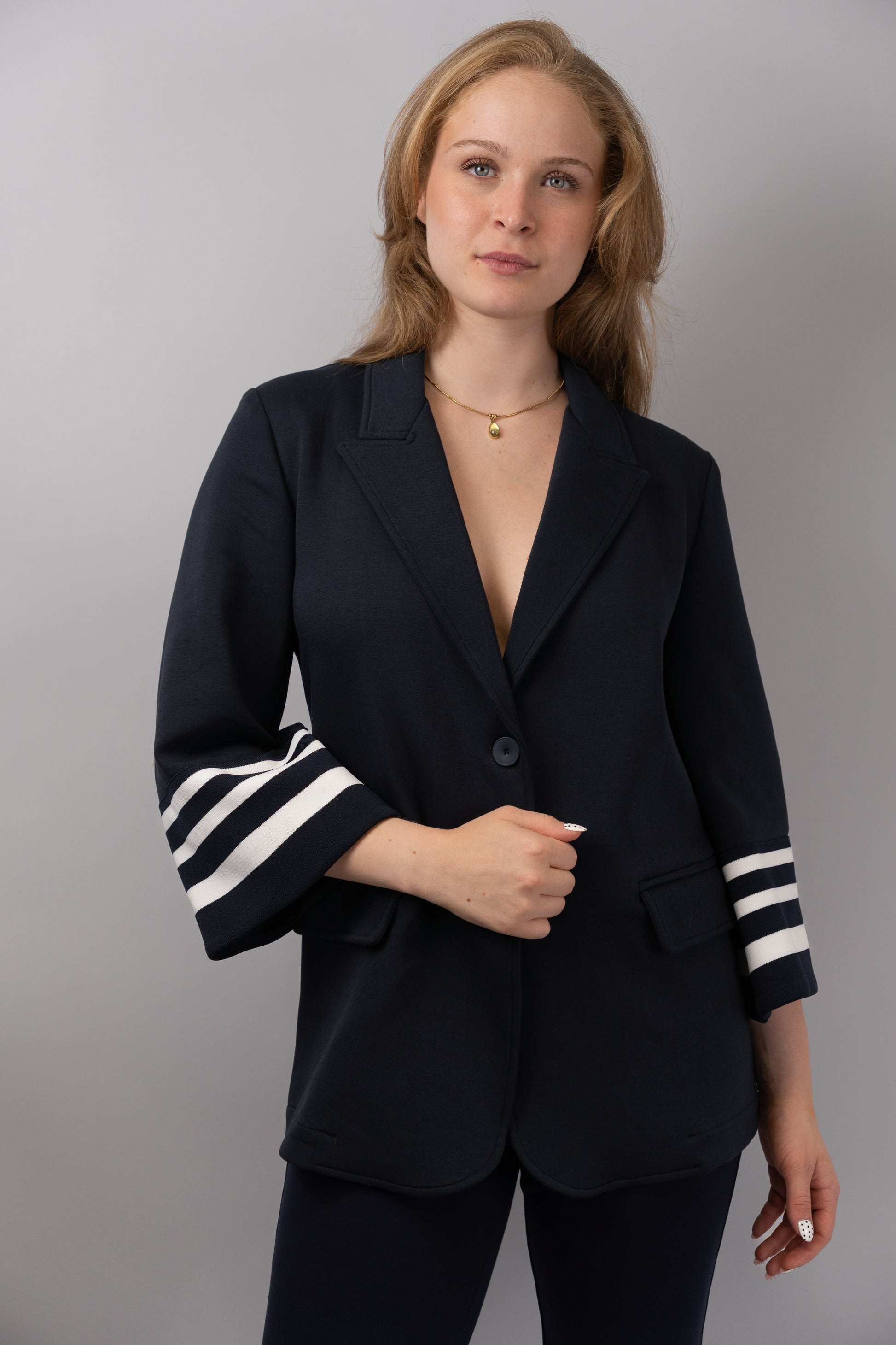 Navy Blazer with Striped Cuffs
