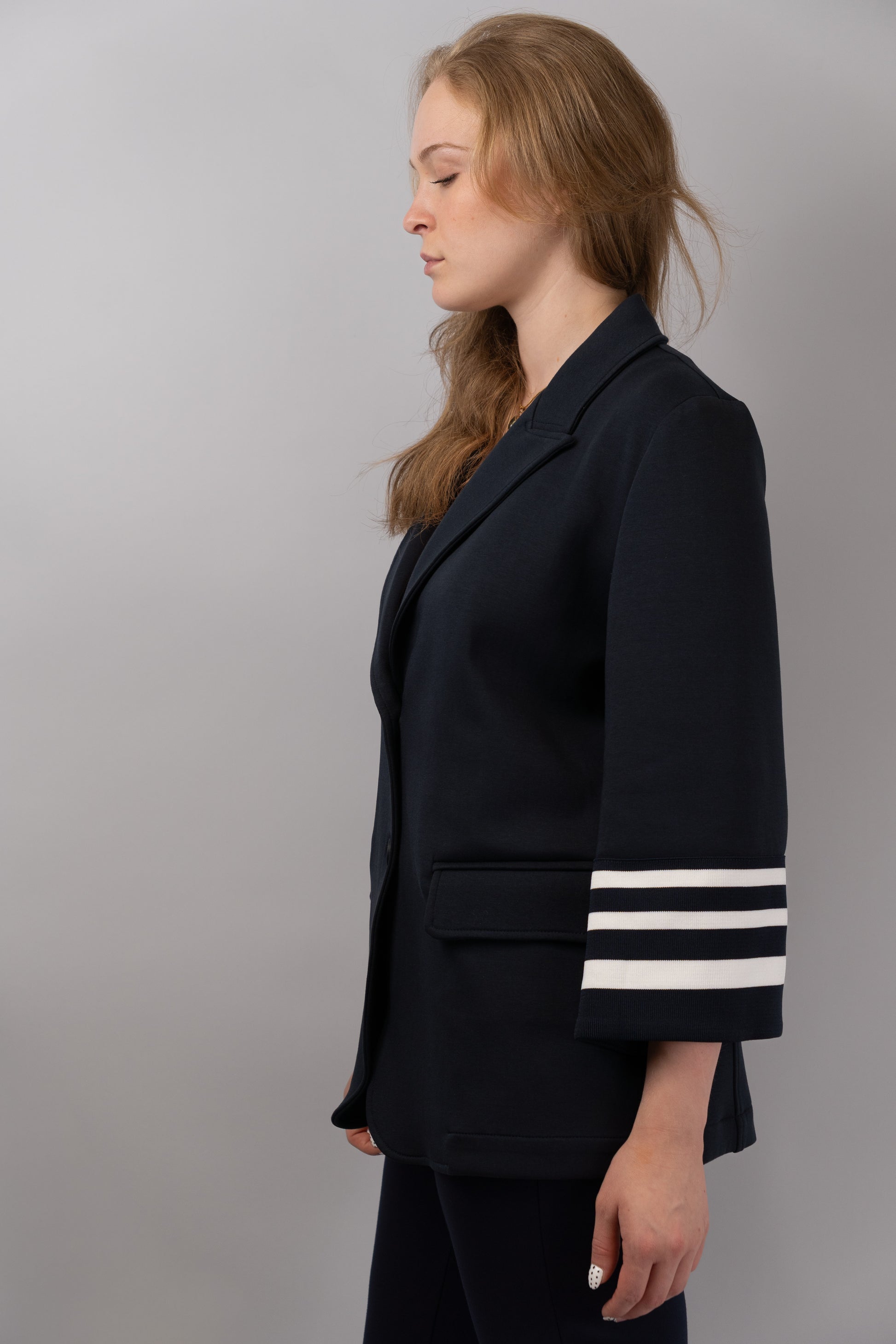 Navy Blazer with Striped Cuffs