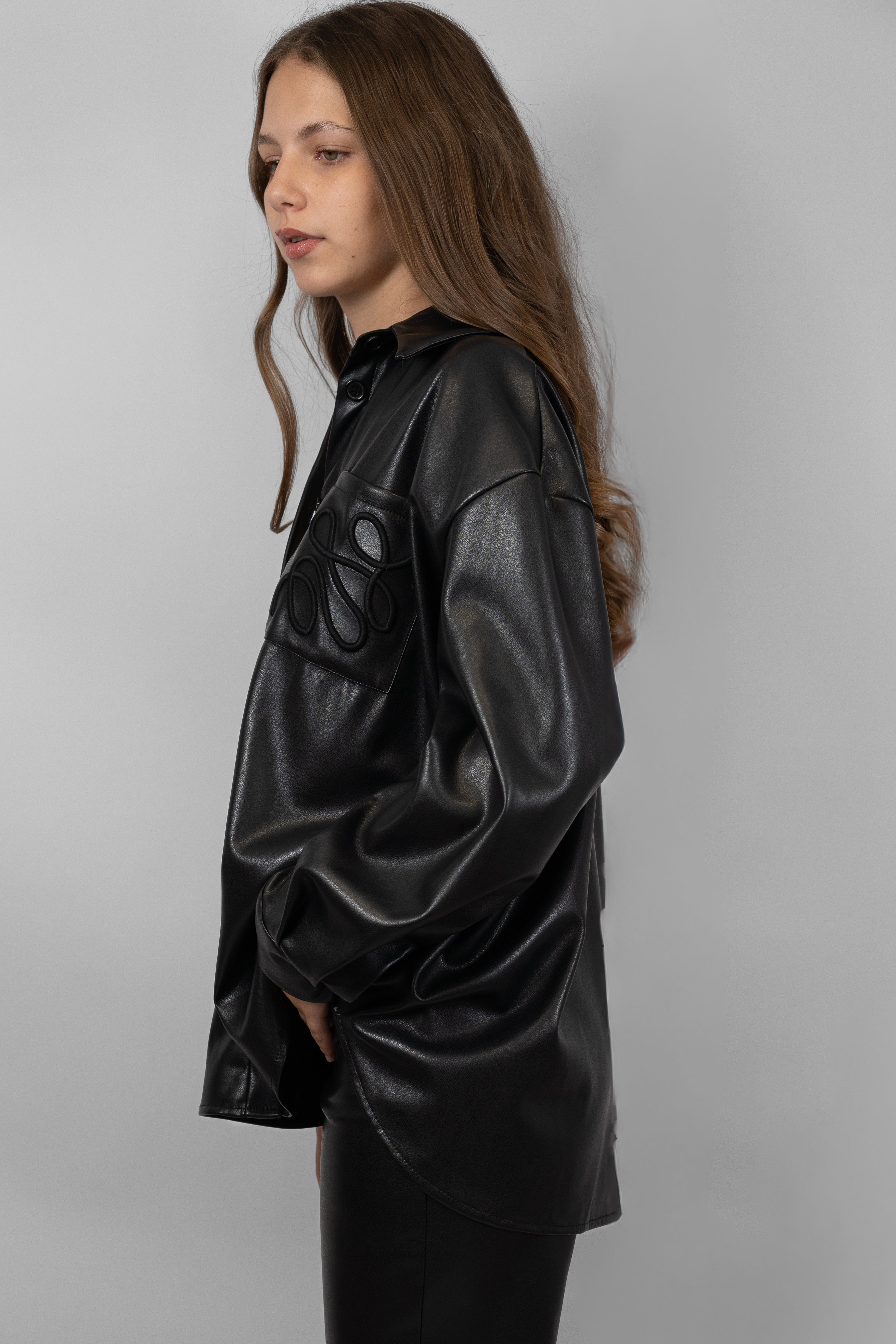 トップス Leather Shirt Black LL Italian Leather. Oversized Faux Leather Shirt – Buon Italian Fashion