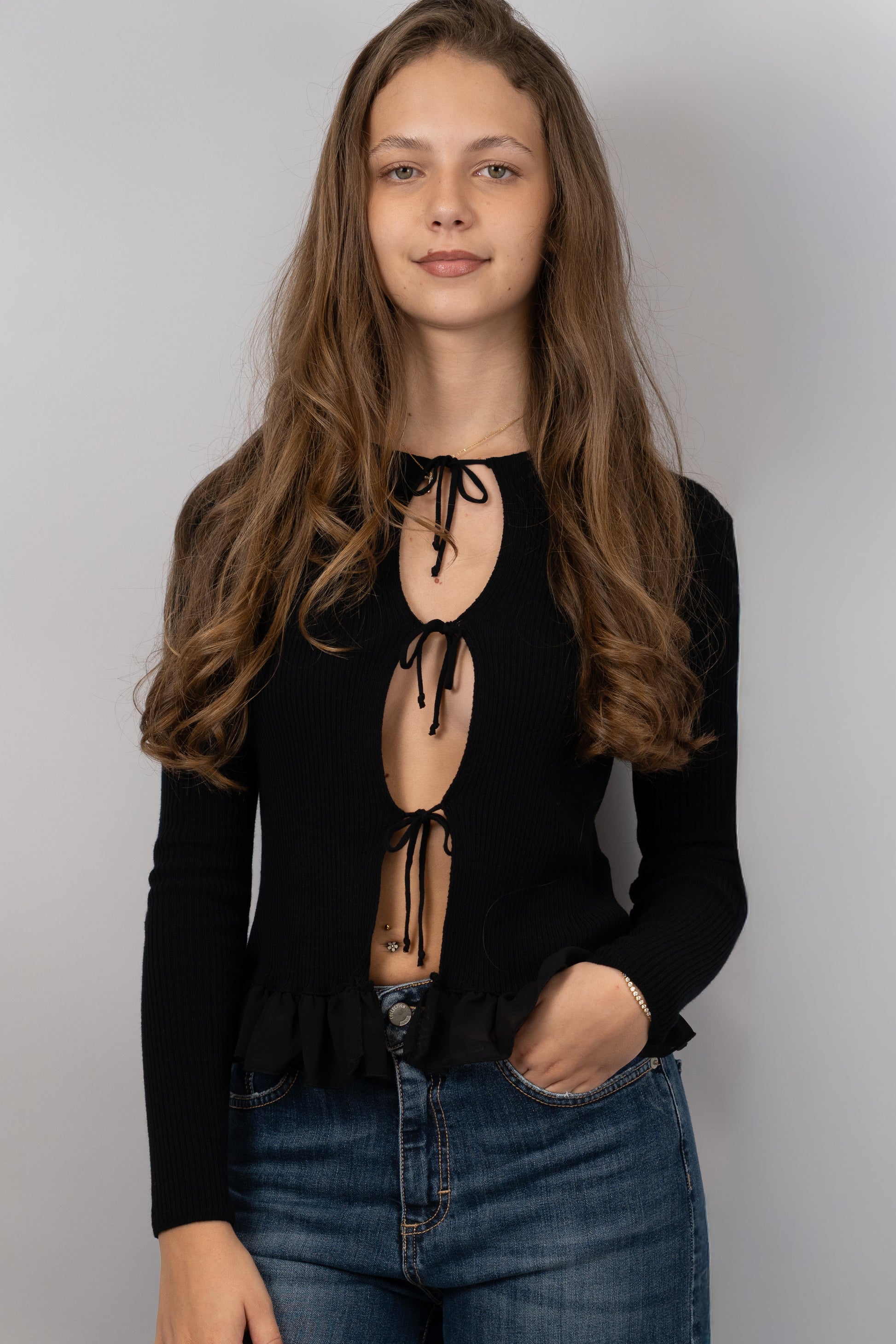 Tie-Front Ruffled Knit Cardigan