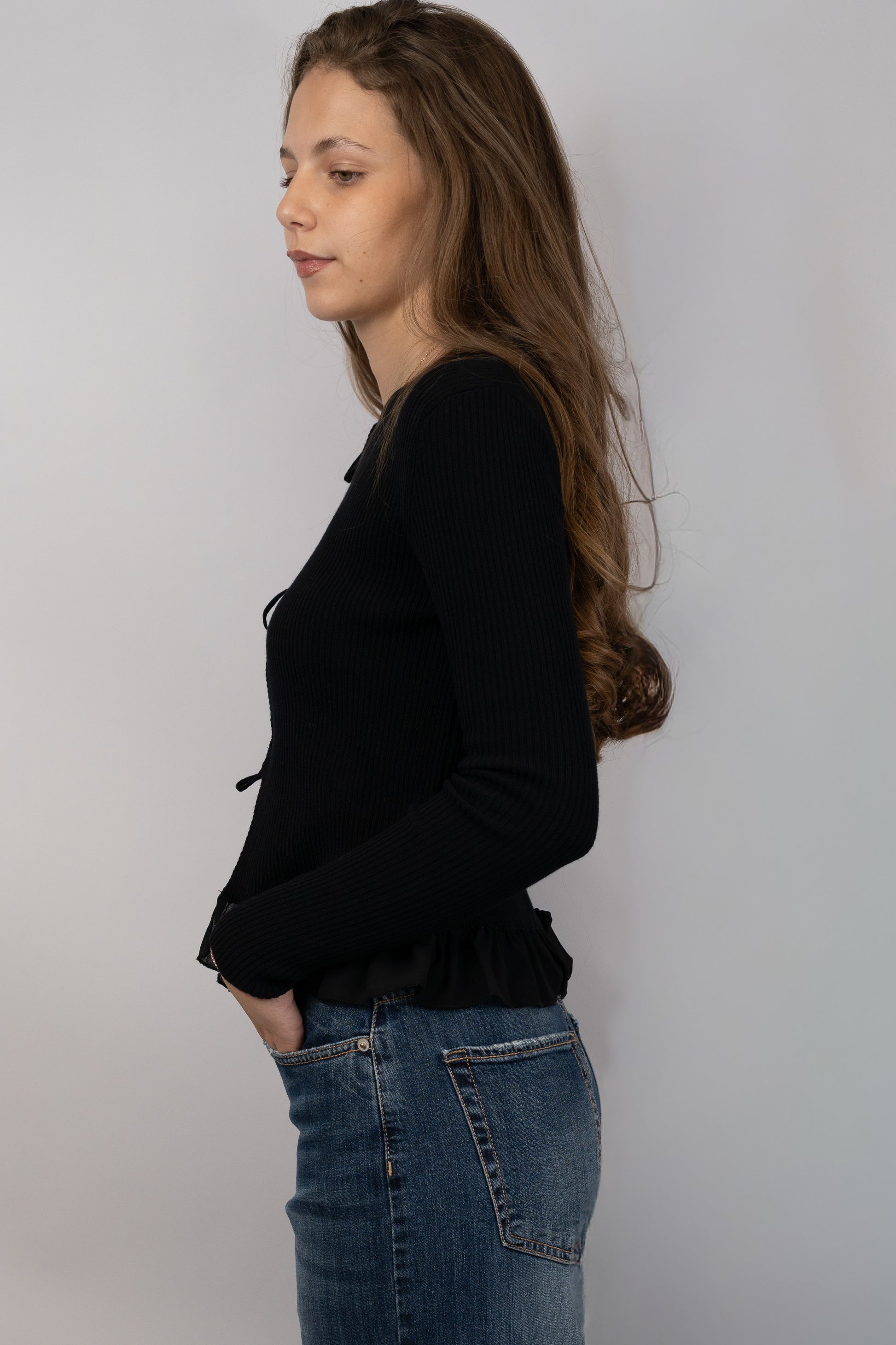 Tie-Front Ruffled Knit Cardigan