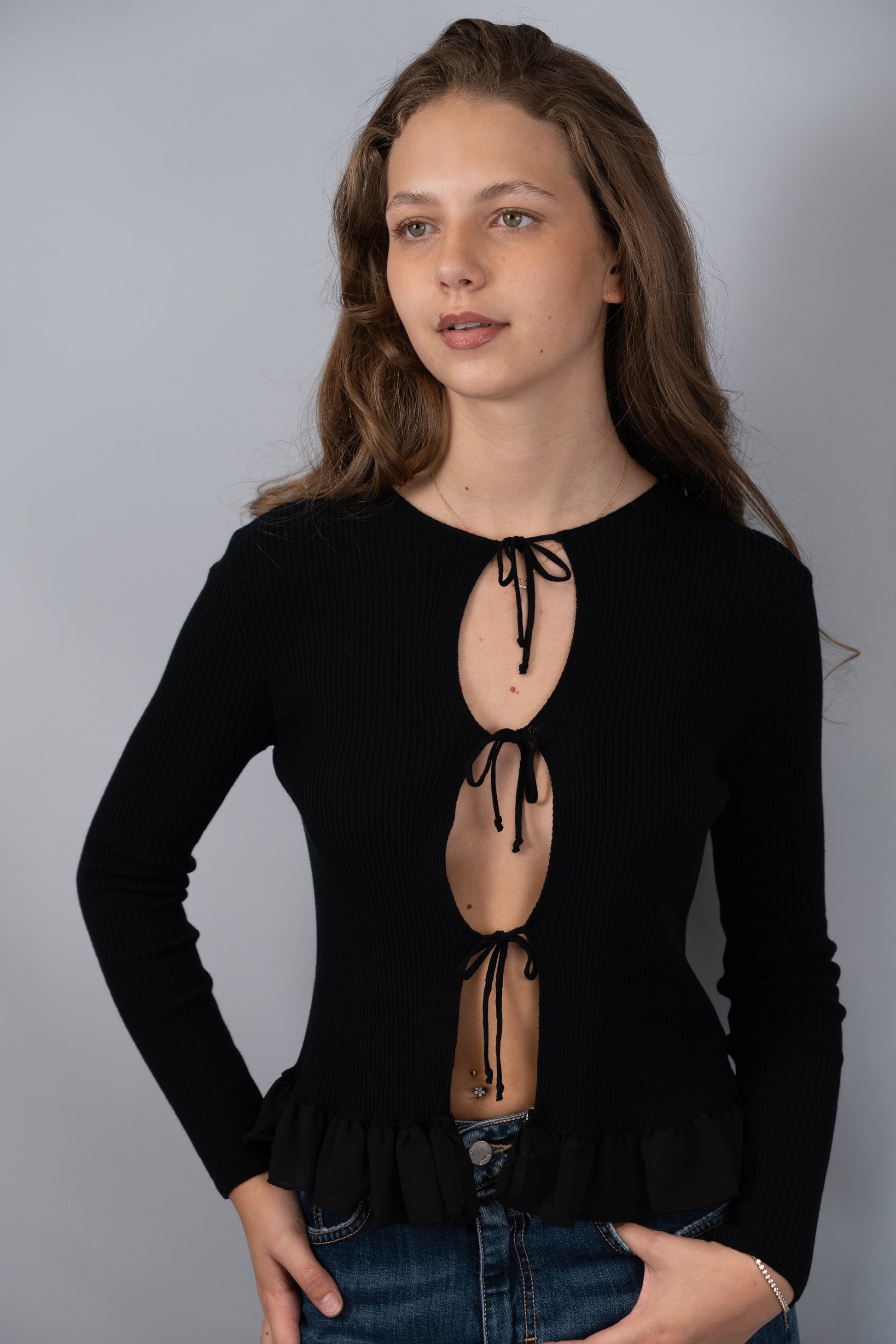 Tie-Front Ruffled Knit Cardigan