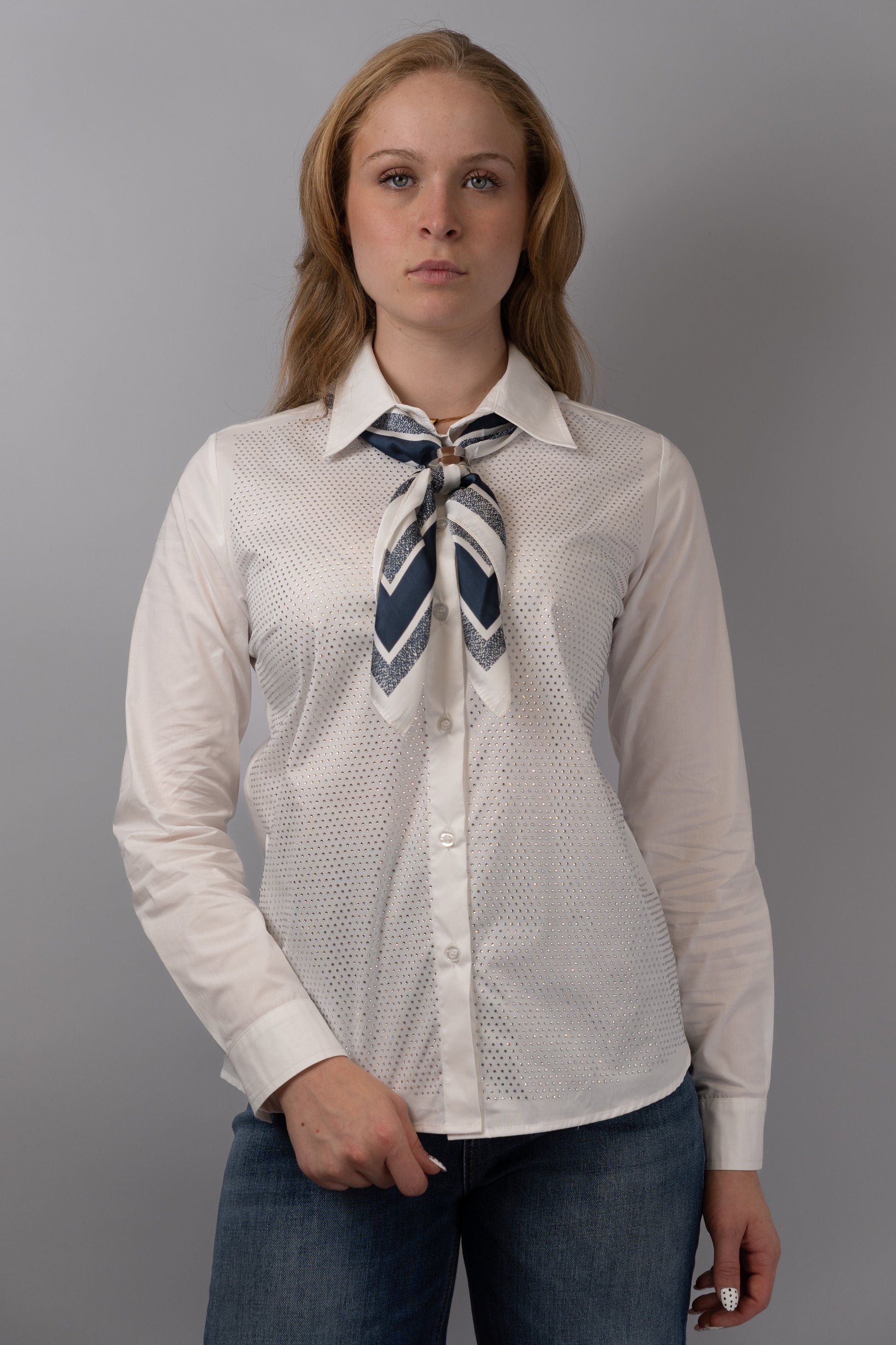 White Rhinestone-Embellished Shirt with Scarf