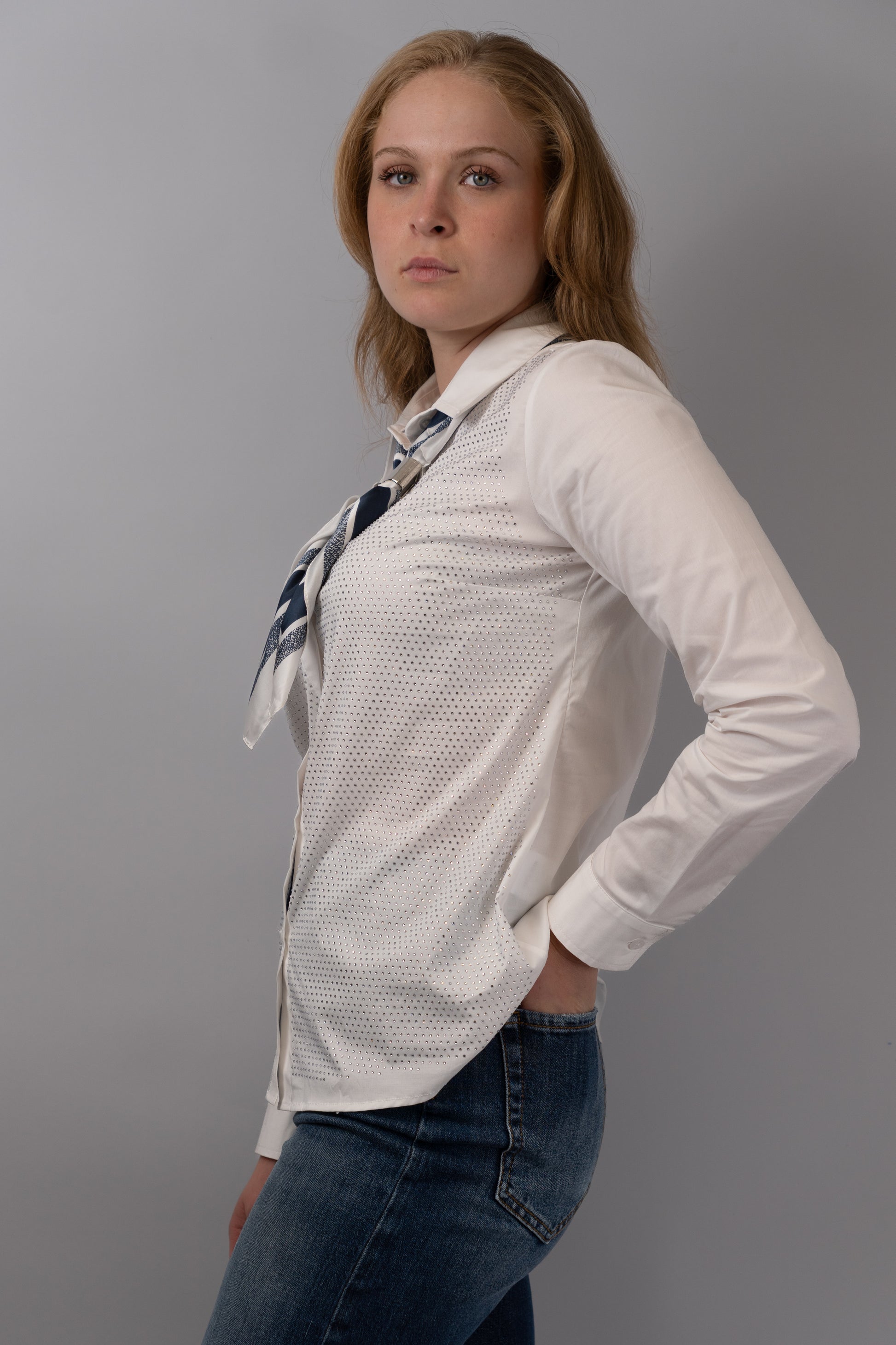 White Rhinestone-Embellished Shirt with Scarf