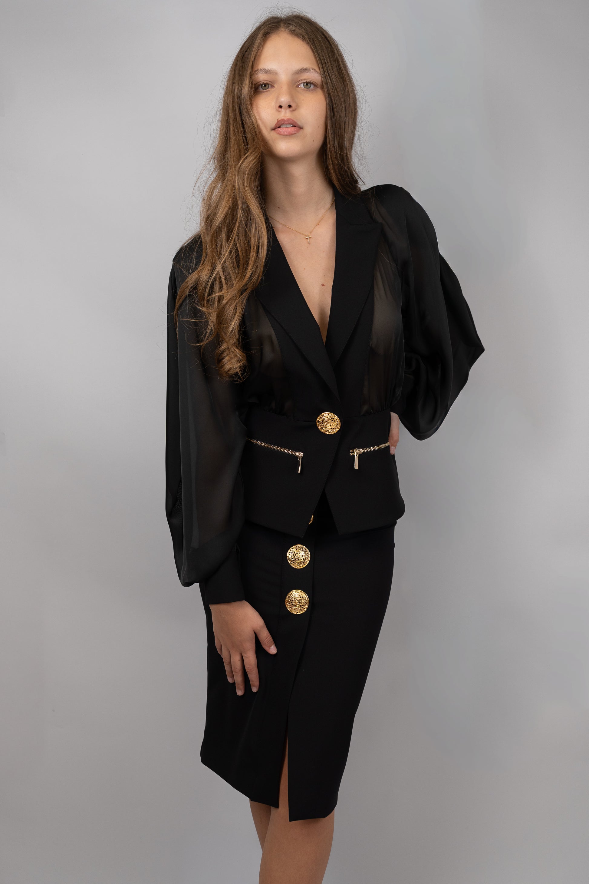 Gold-Button Pencil Skirt