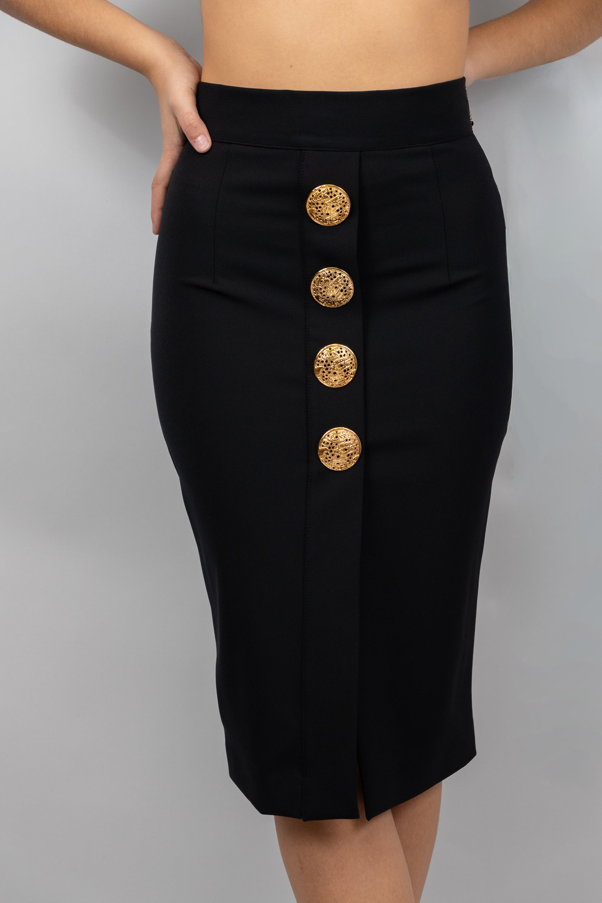 Gold-Button Pencil Skirt