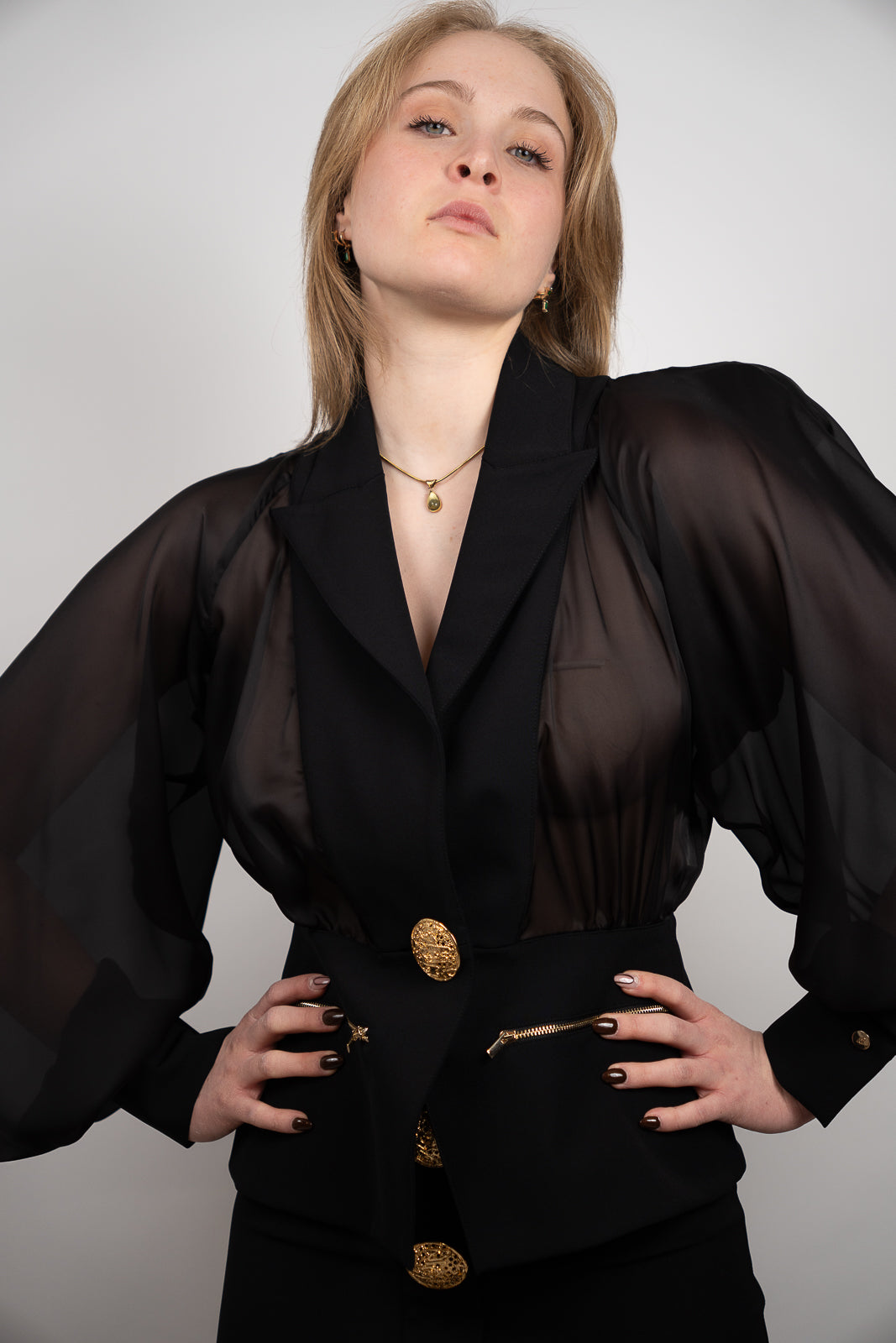 Black Sheer-Sleeve Blazer-Blouse