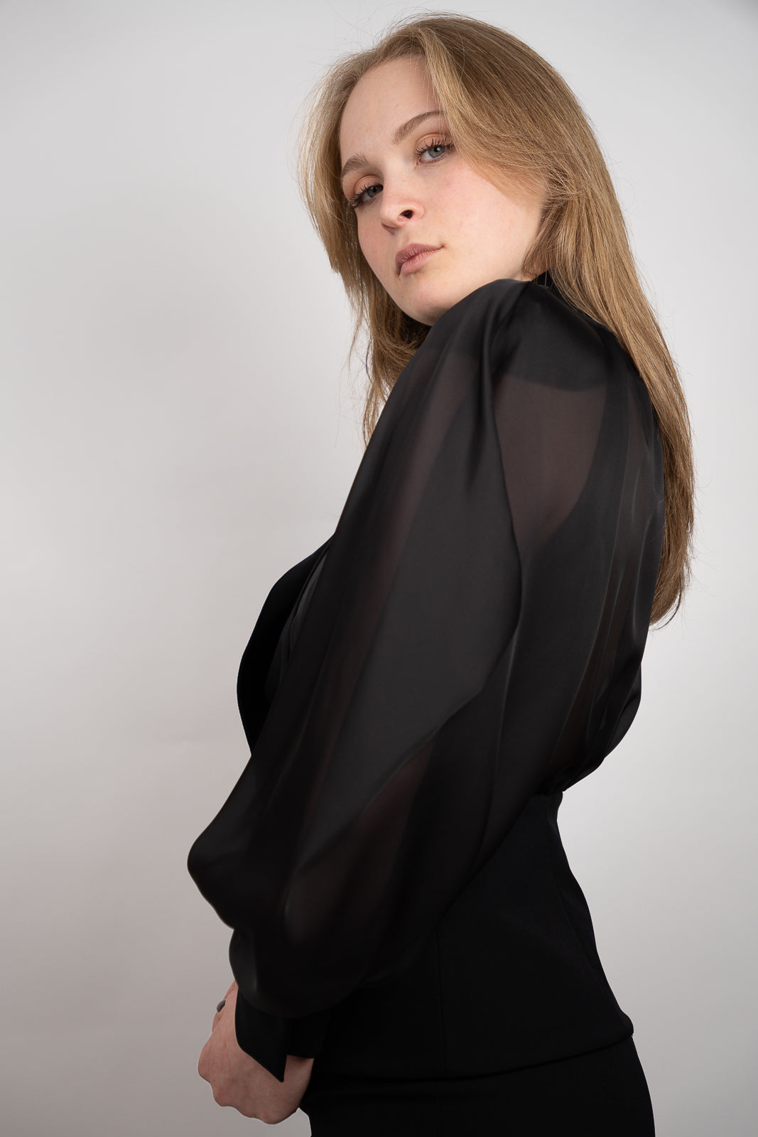 Black Sheer-Sleeve Blazer-Blouse