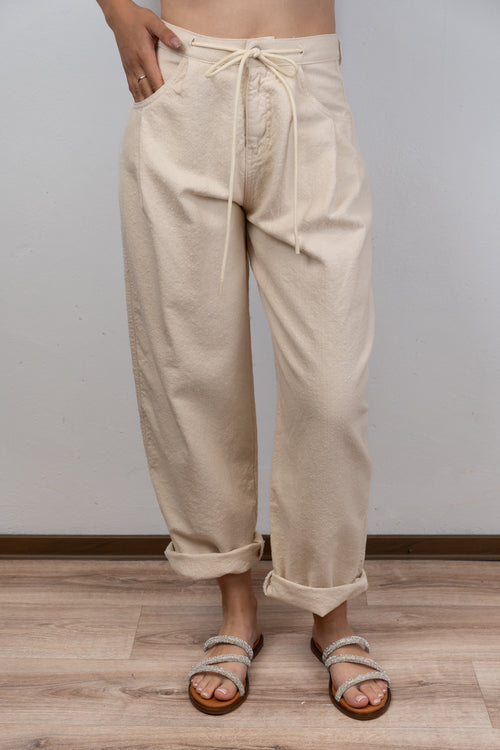 Beige Cotton Trousers With Drawstring Waist