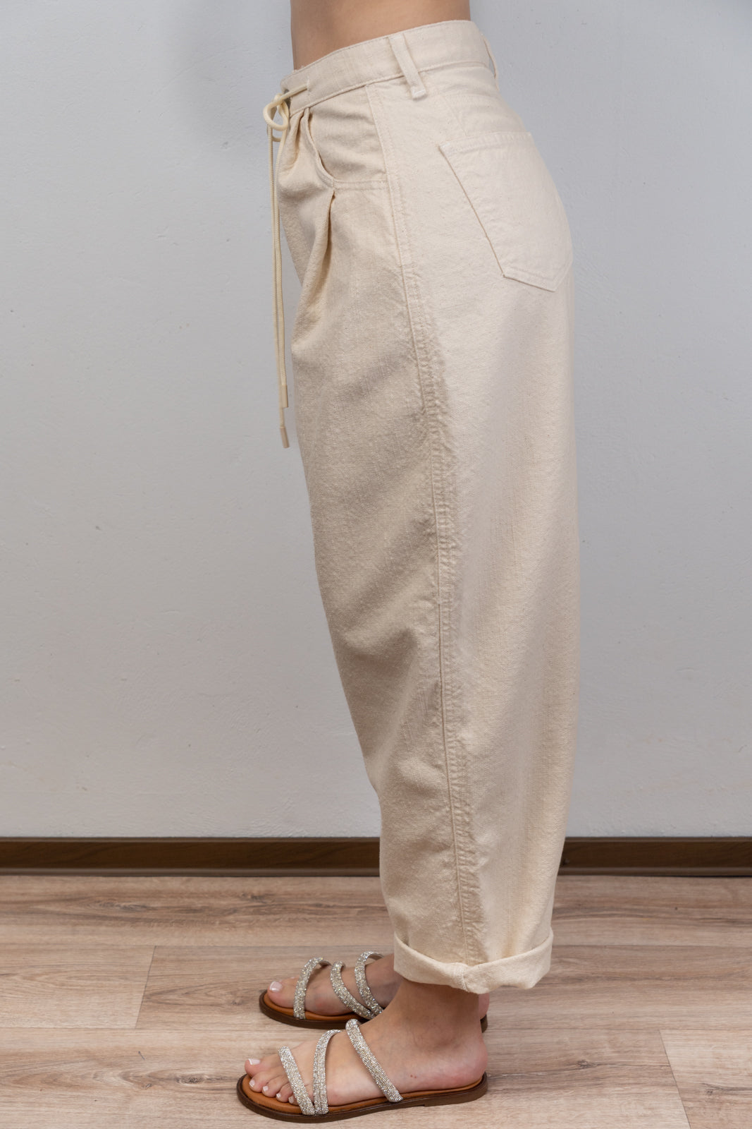 Beige Cotton Trousers With Drawstring Waist