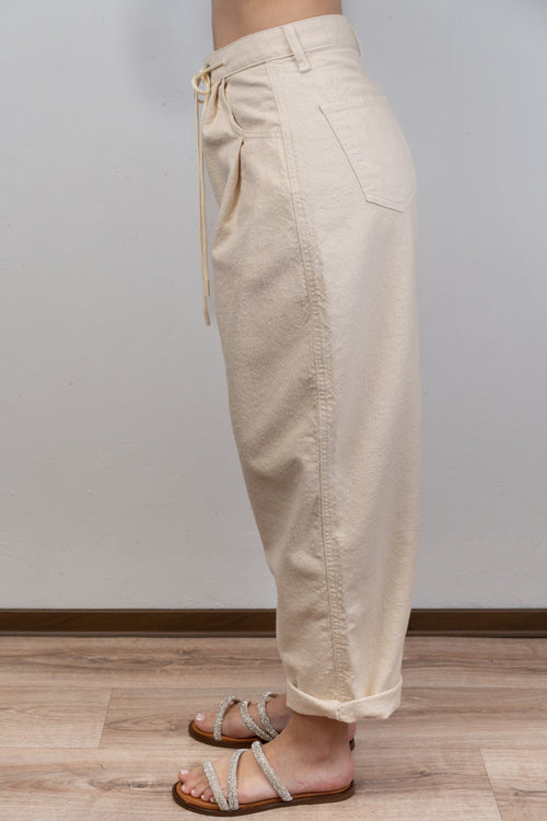Beige Cotton Trousers With Drawstring Waist