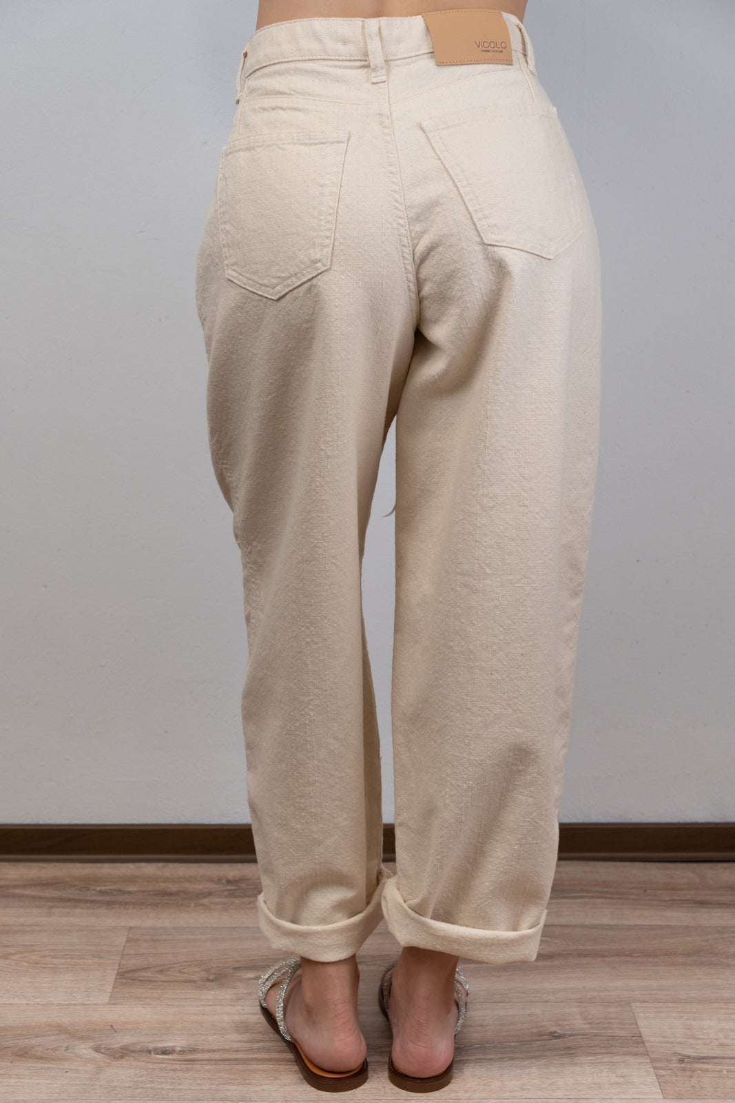 Beige Cotton Trousers With Drawstring Waist