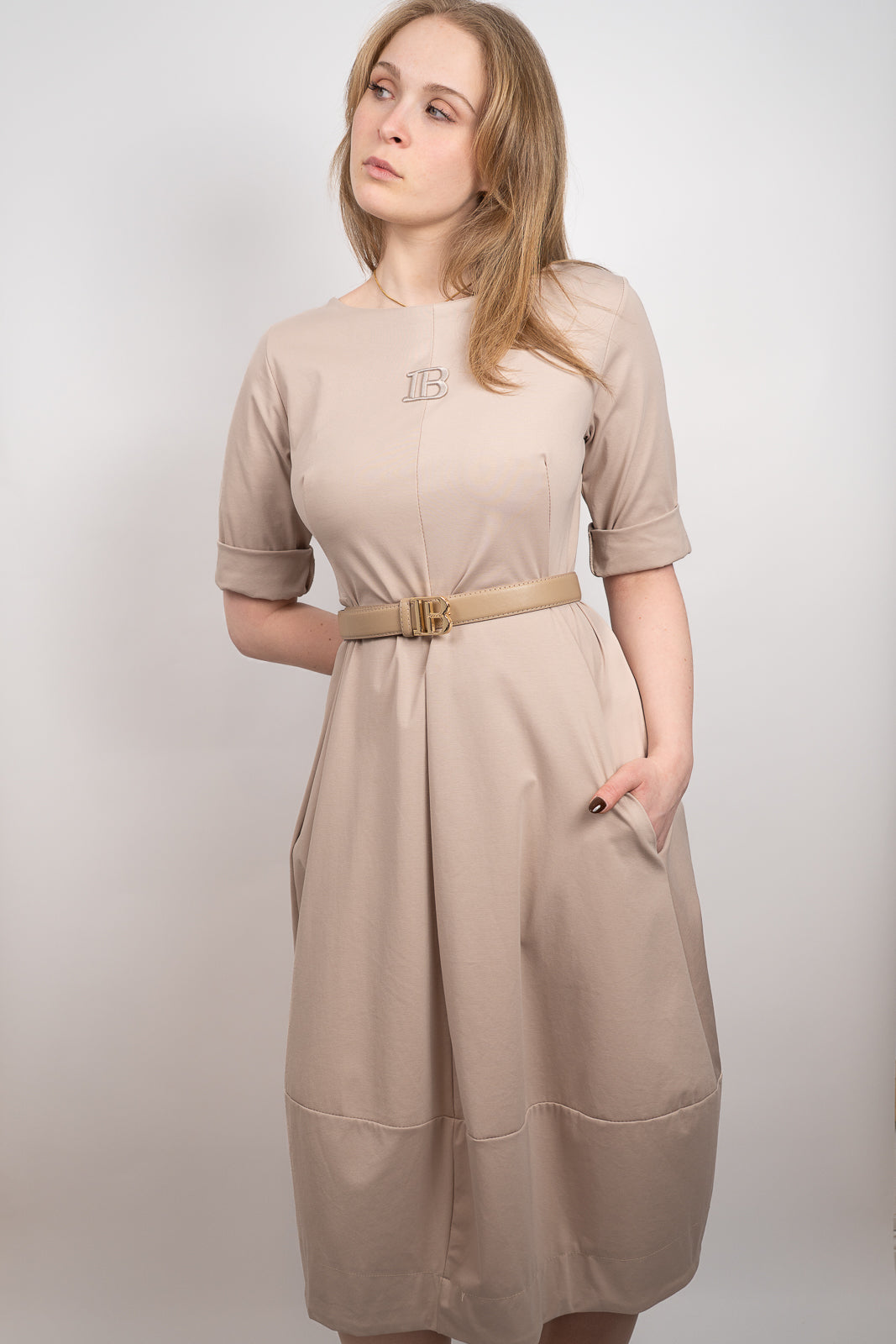 Beige Belted Midi Dress