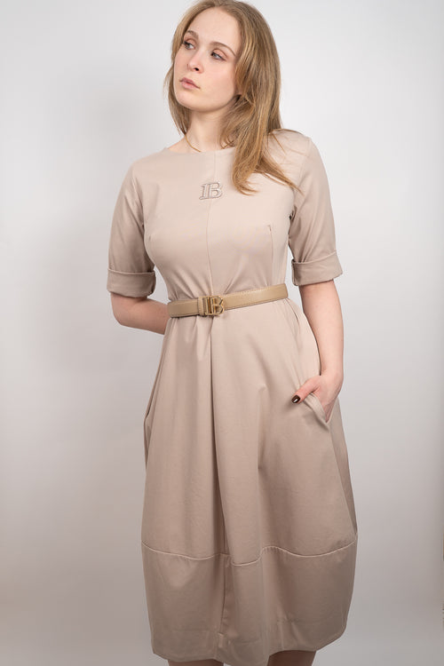 Beige Belted Midi Dress