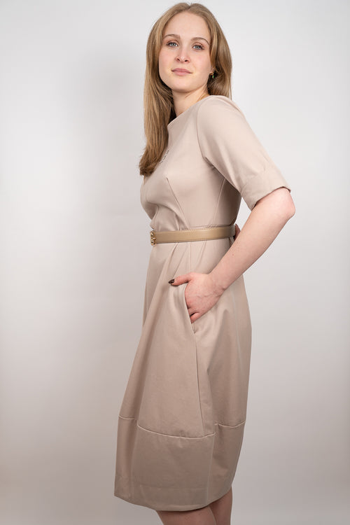 Beige Belted Midi Dress