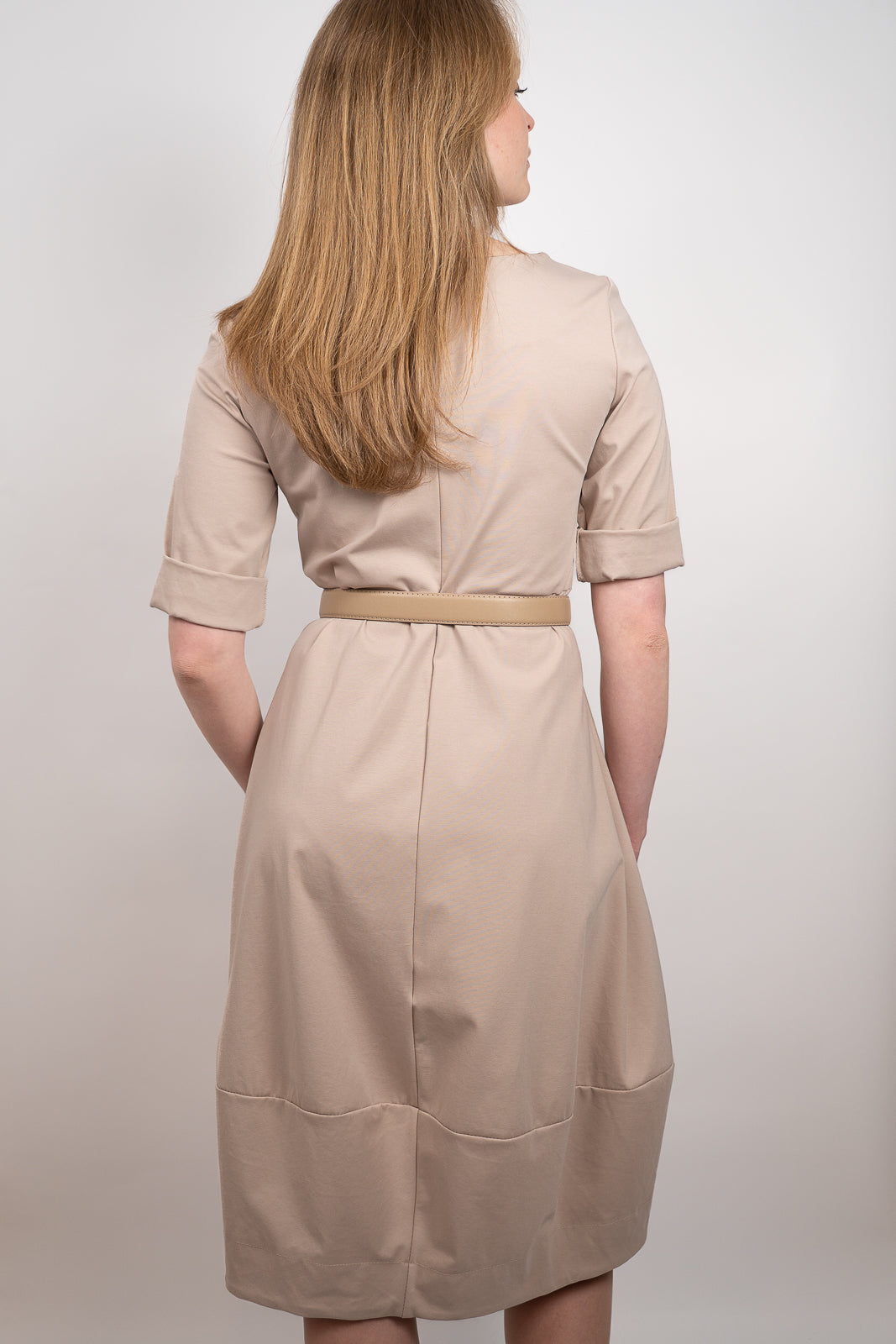 Beige Belted Midi Dress