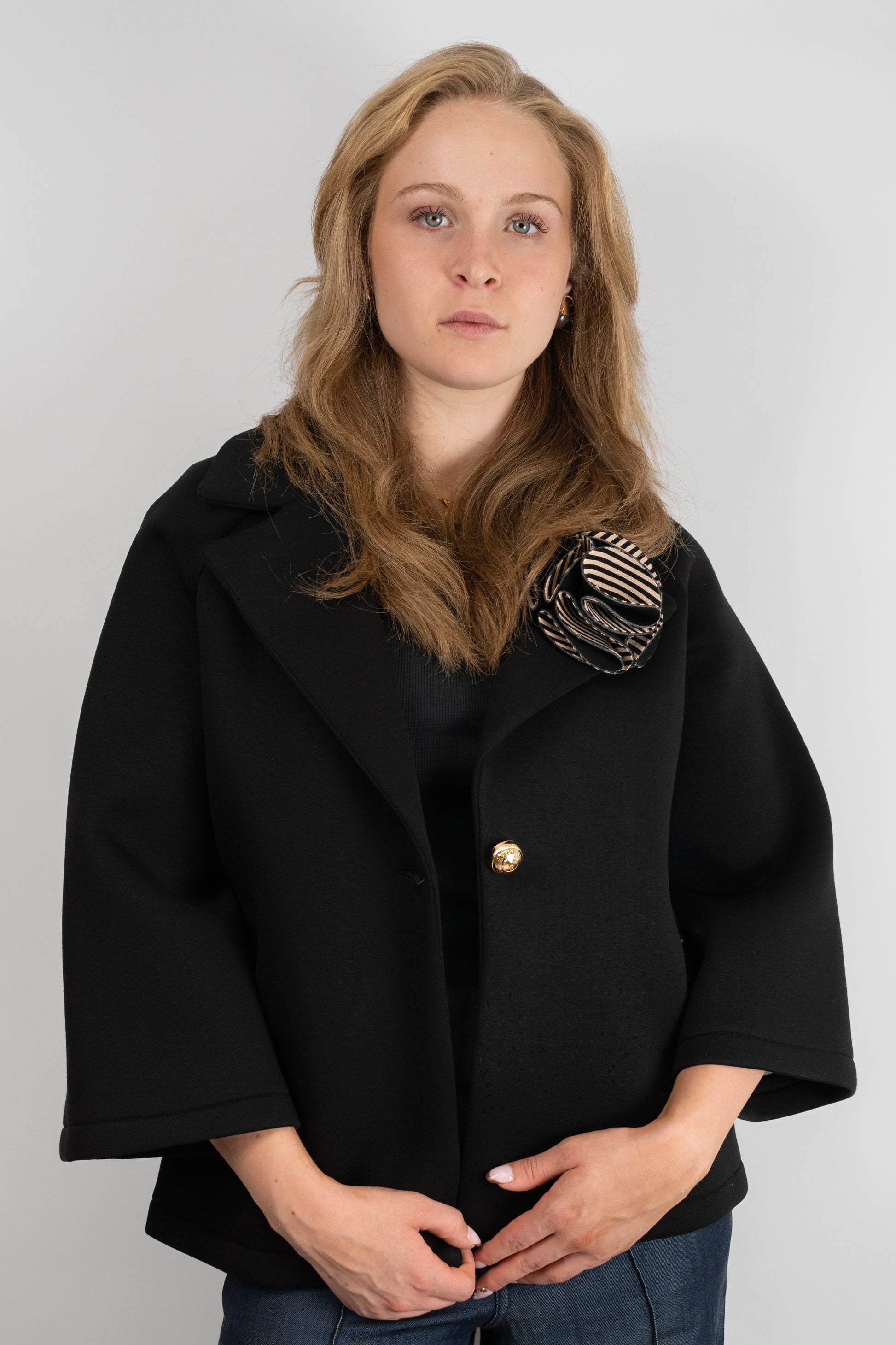Cropped Coat With Rosette Detail Black
