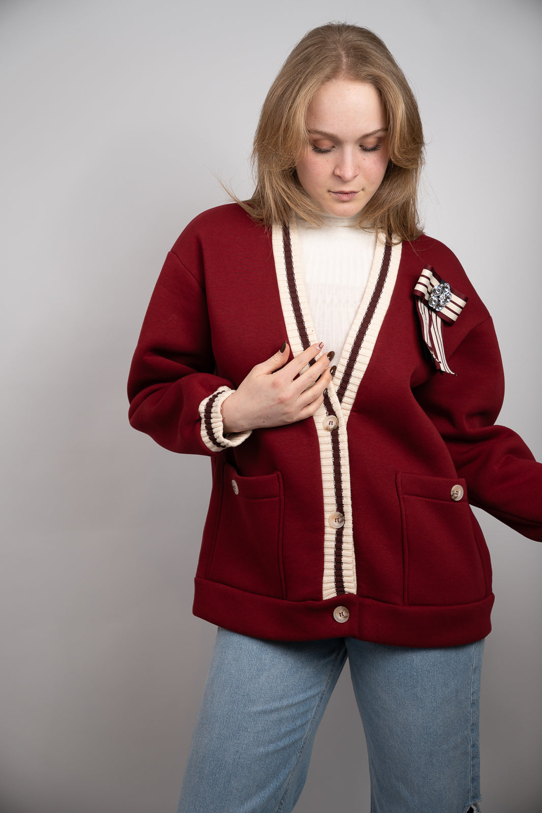 Burgundy Trimmed Cardigan
