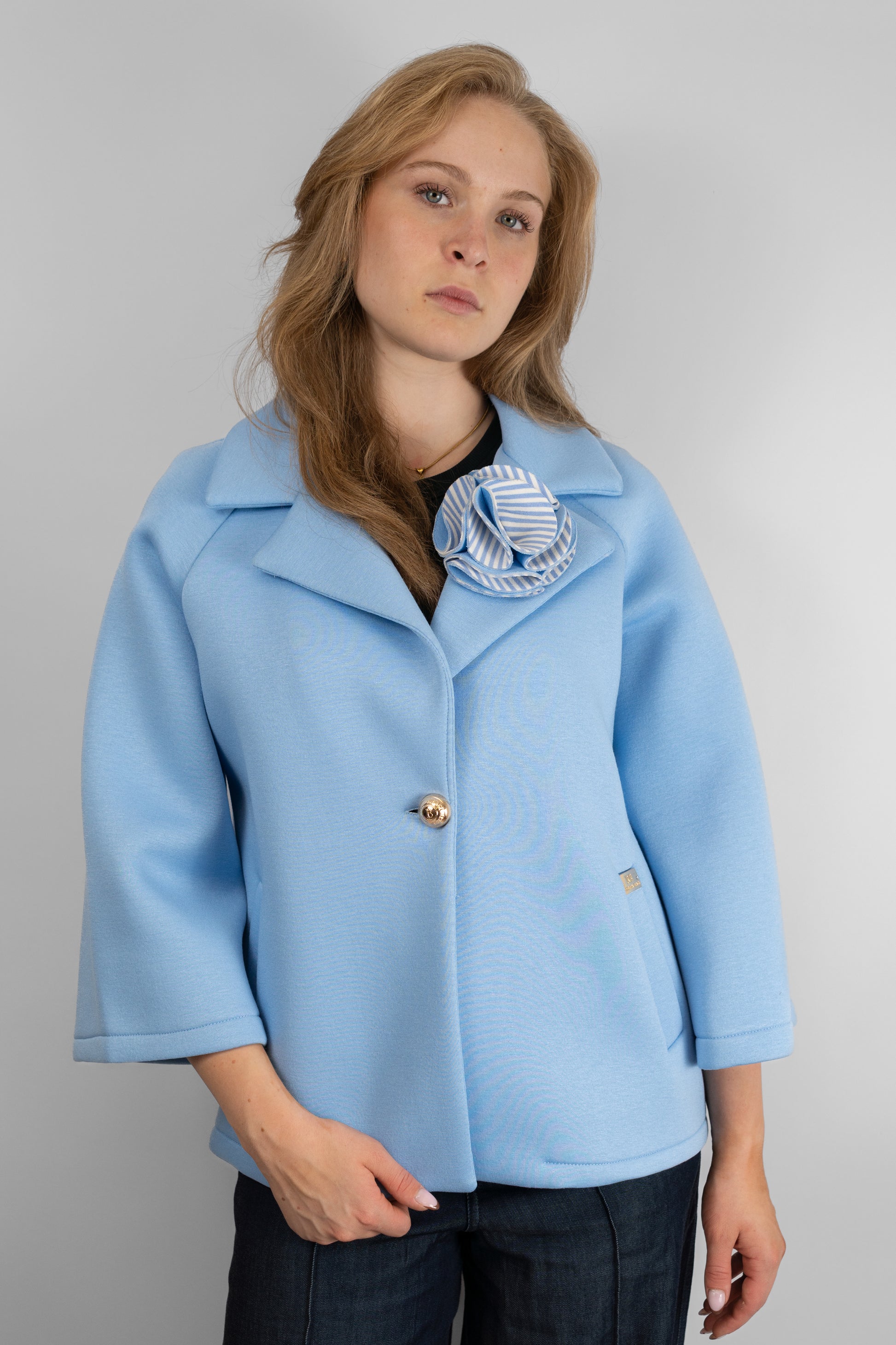 Cropped Coat With Rosette Detail Blue