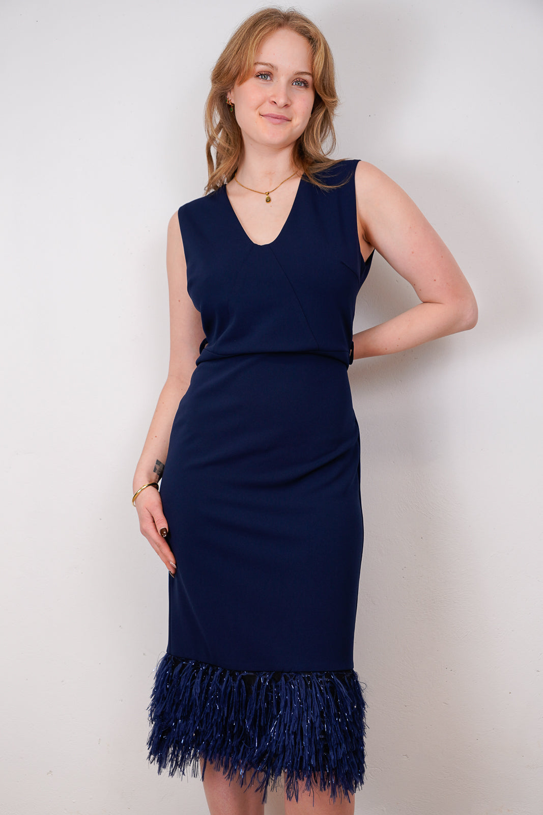 Navy Feathered Midi Dress
