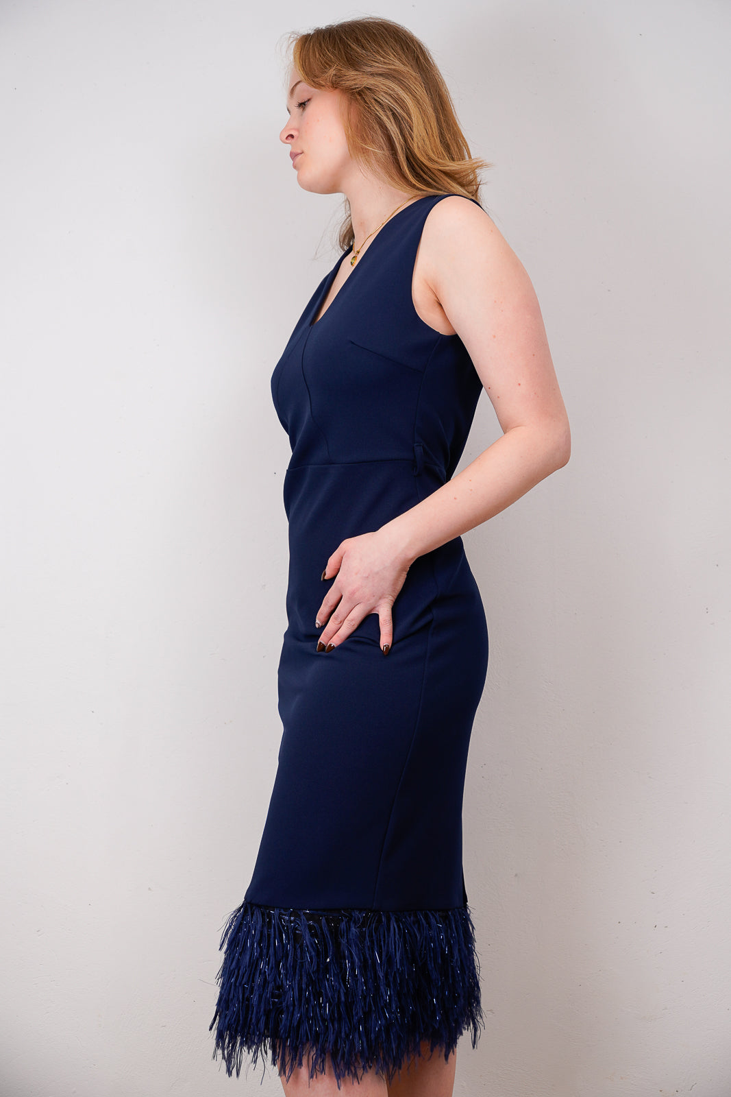 Navy Feathered Midi Dress