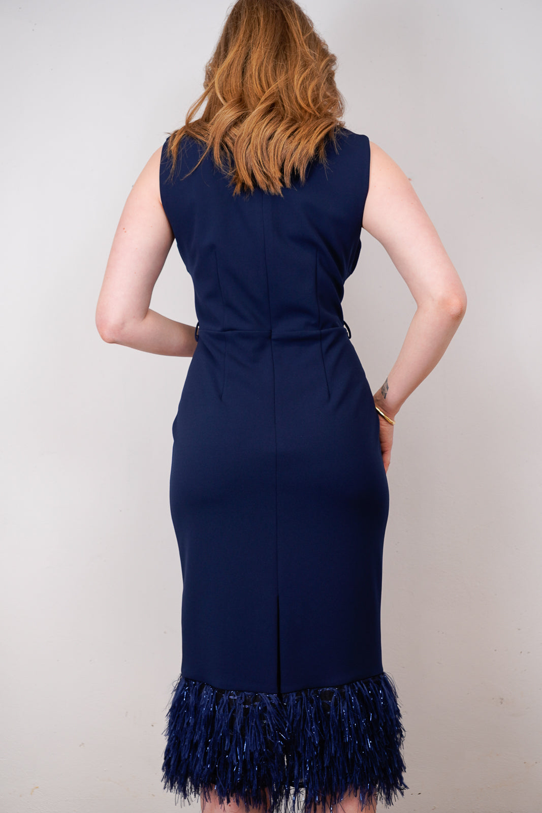 Navy Feathered Midi Dress