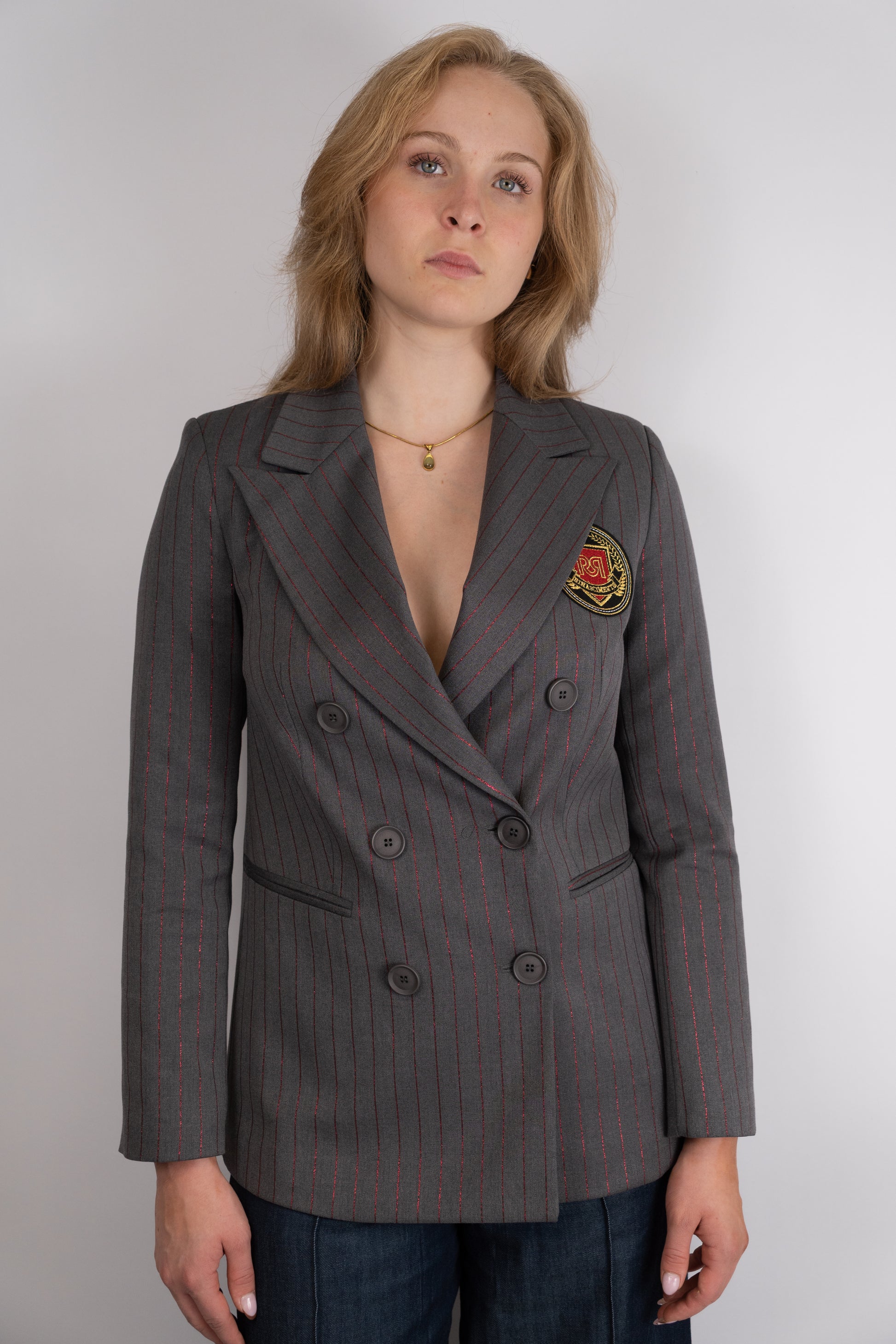 Double-Breasted Pinstripe Blazer With Crest Detail