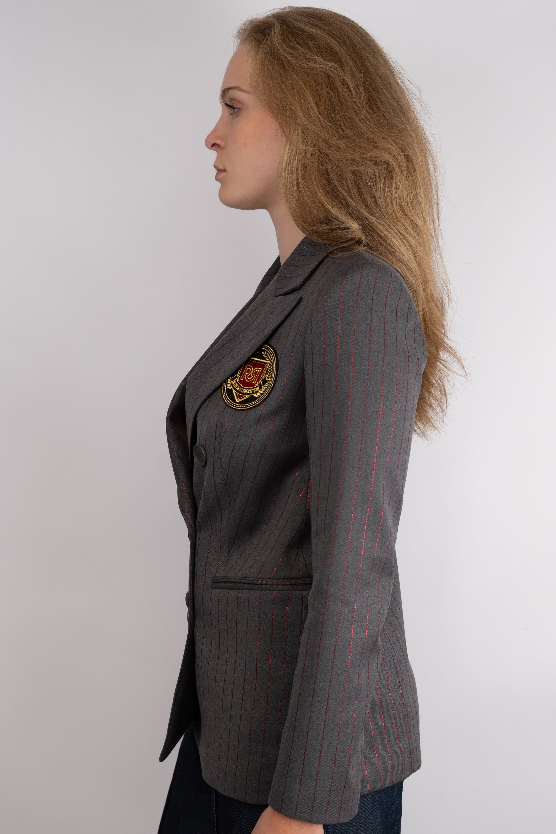 Double-Breasted Pinstripe Blazer With Crest Detail