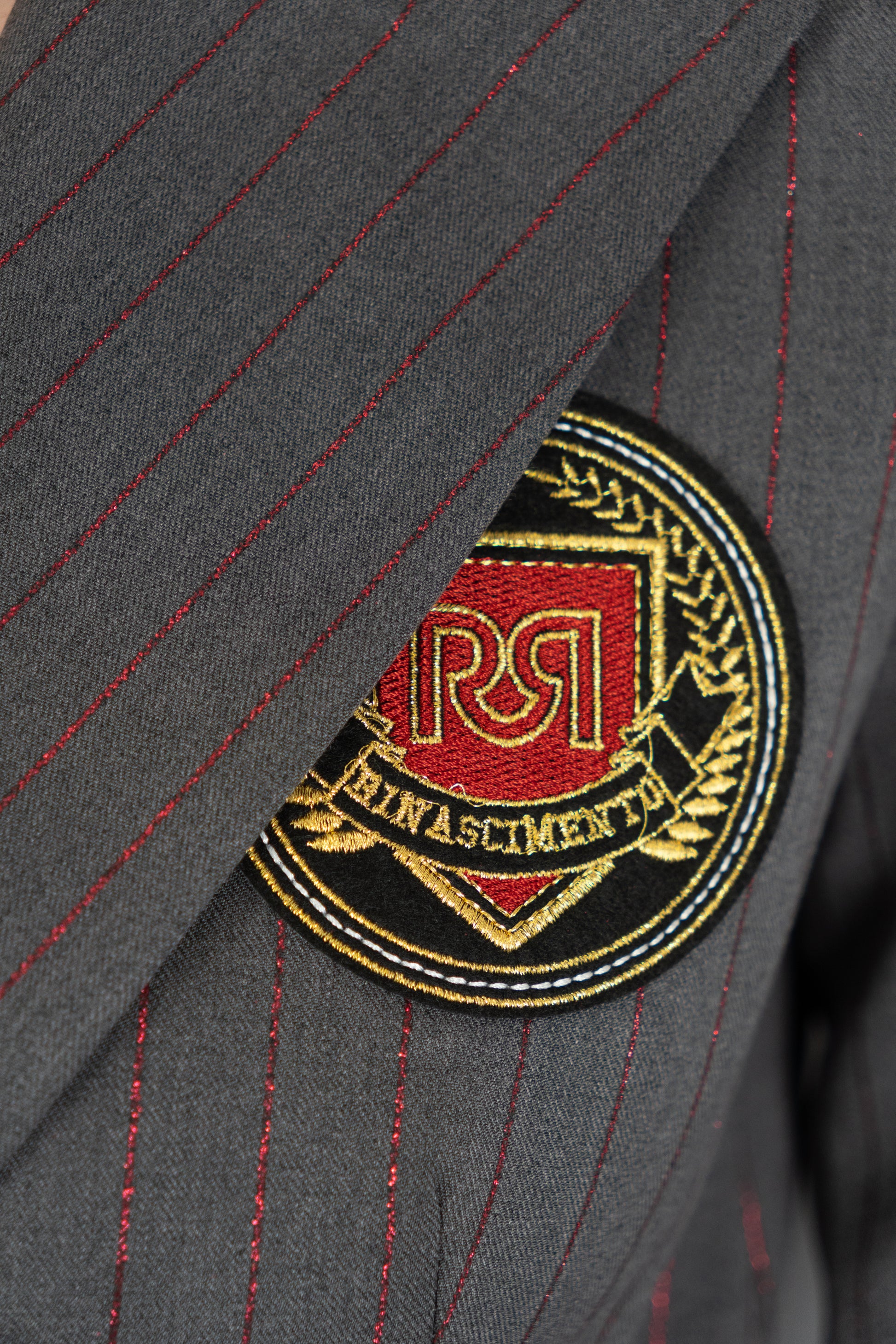 Double-Breasted Pinstripe Blazer With Crest Detail