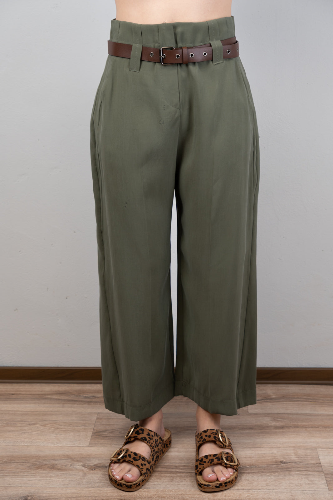 Khaki Cropped Tailored Trousers