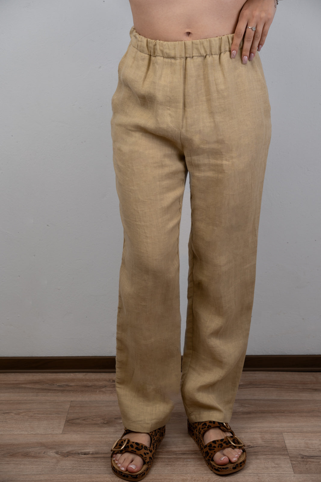 Beige Straight-Legged Linen Trousers