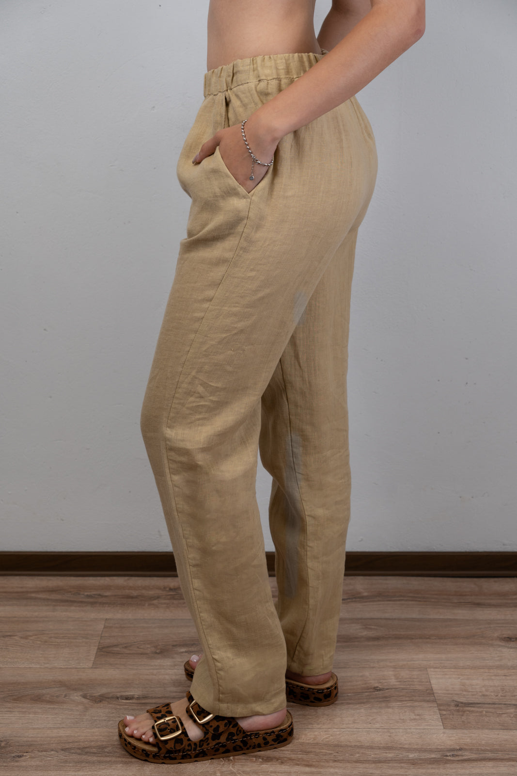 Beige Straight-Legged Linen Trousers
