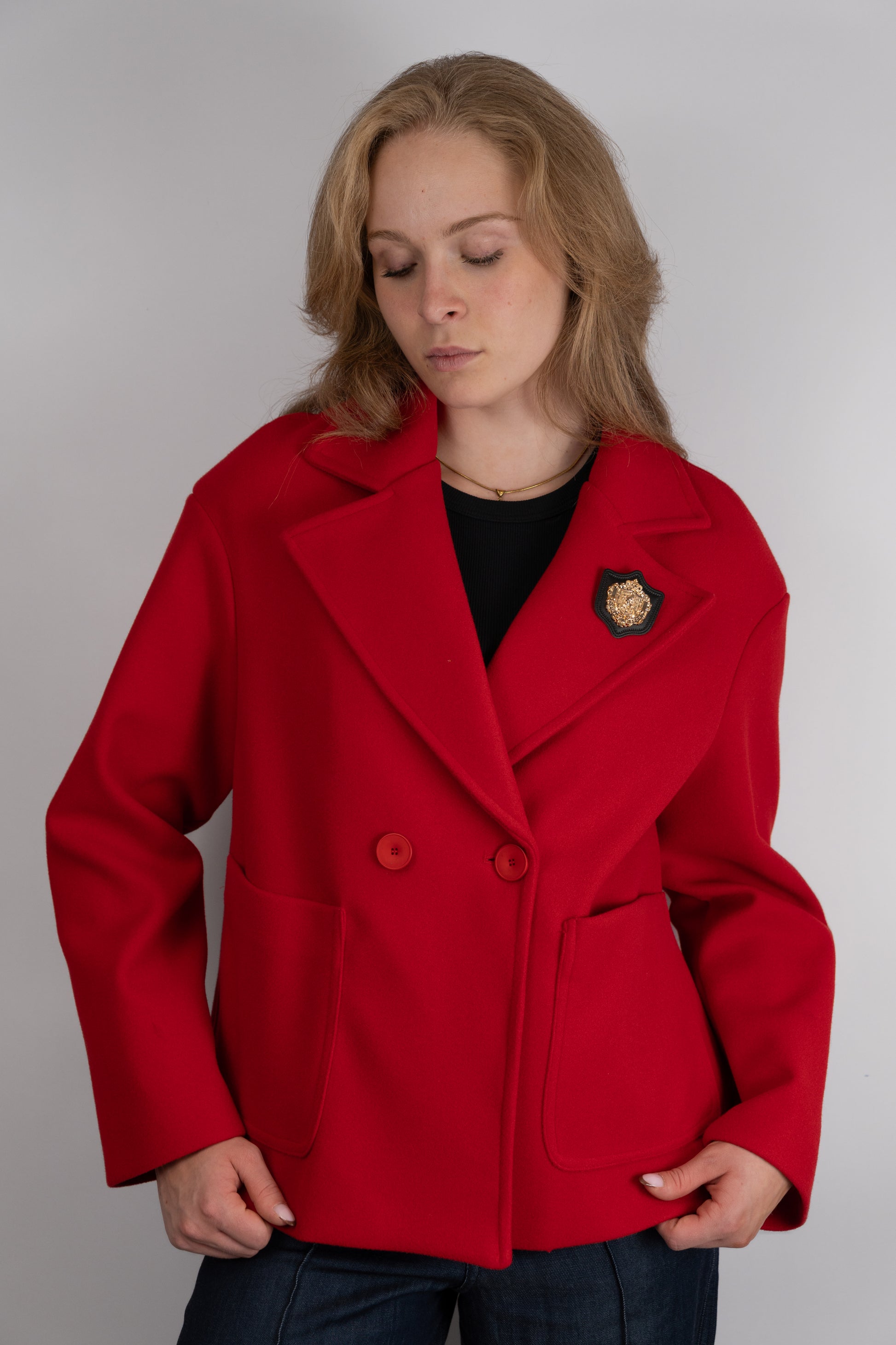Red Crest-Detail Coat