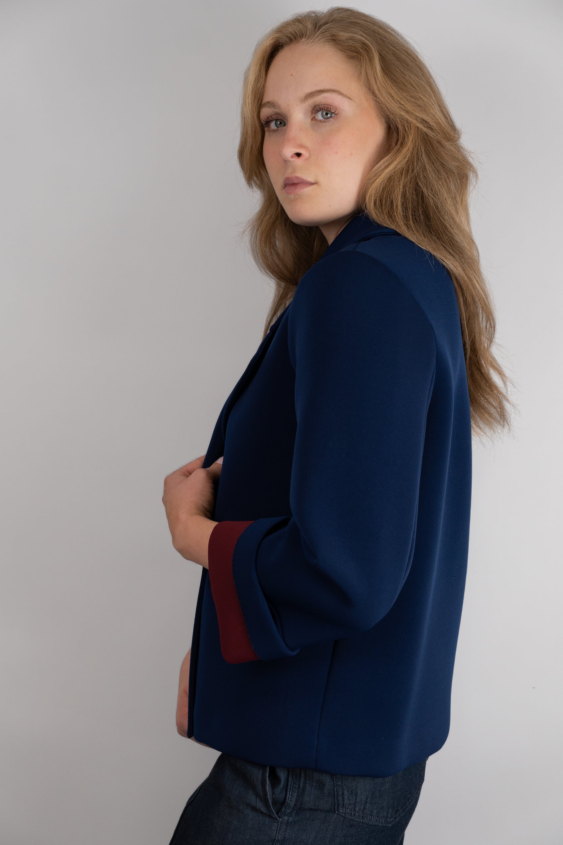Navy Blazer-Jacket with Burgundy Lining