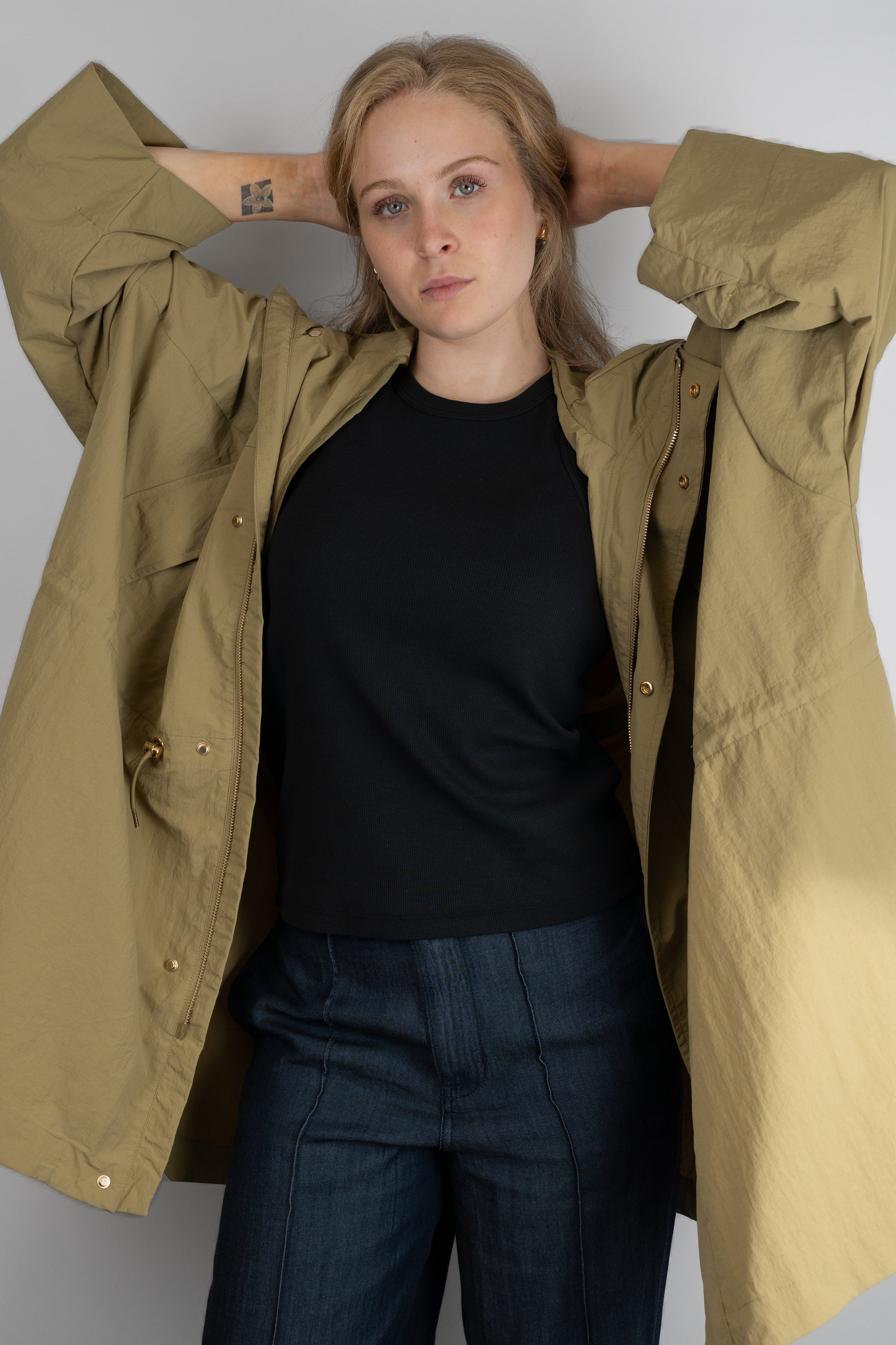 Khaki Drawstring Oversized Parka