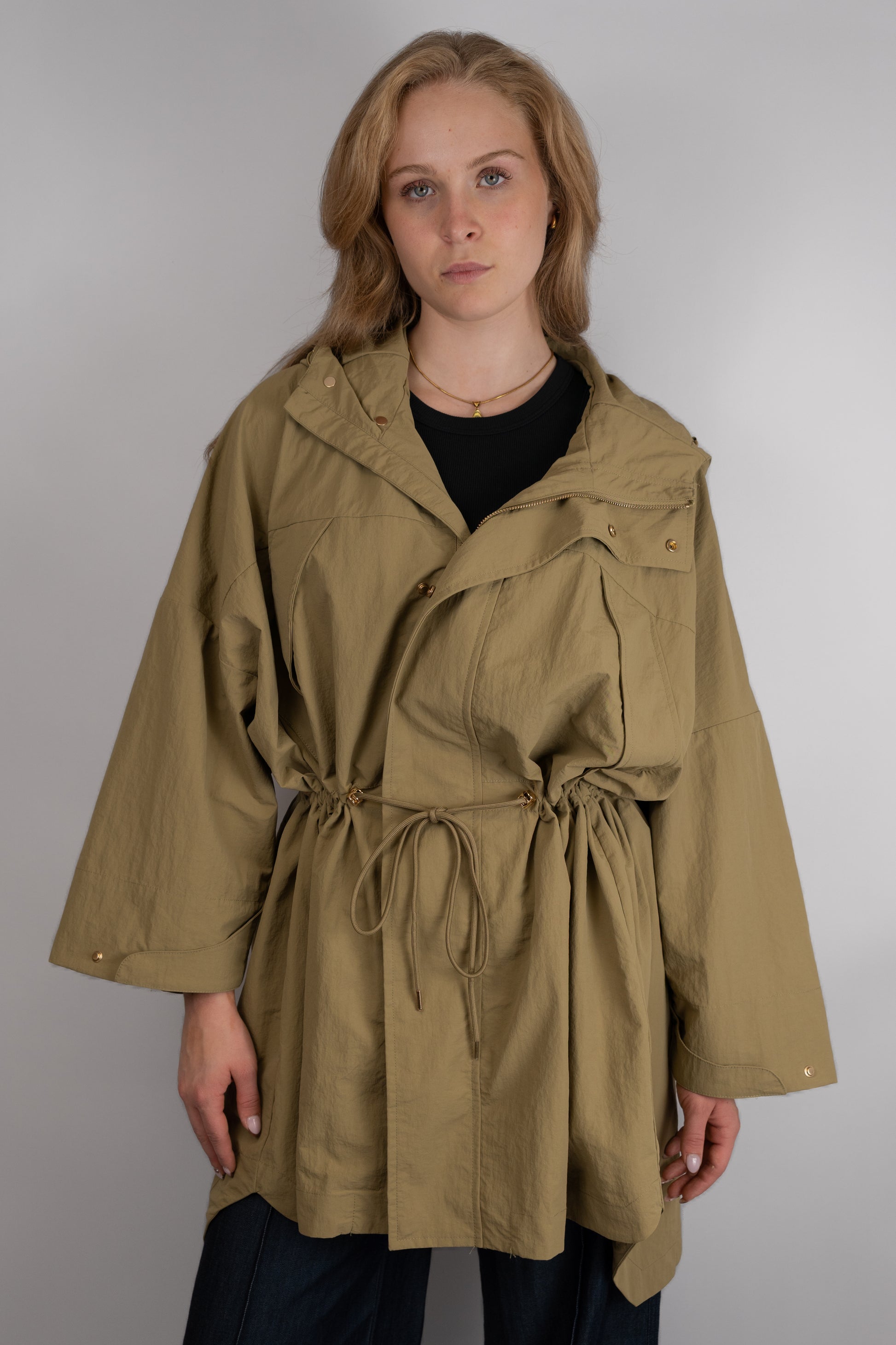Khaki Drawstring Oversized Parka