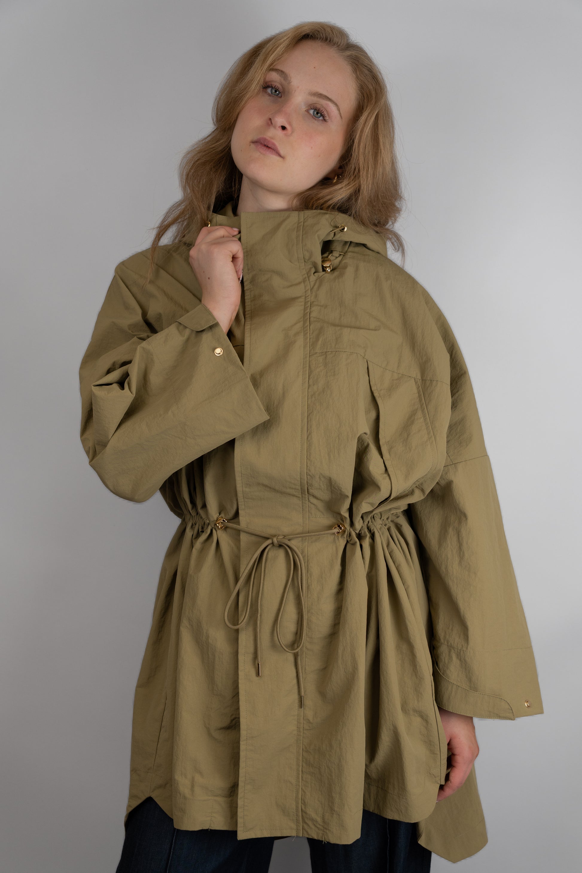Khaki Drawstring Oversized Parka