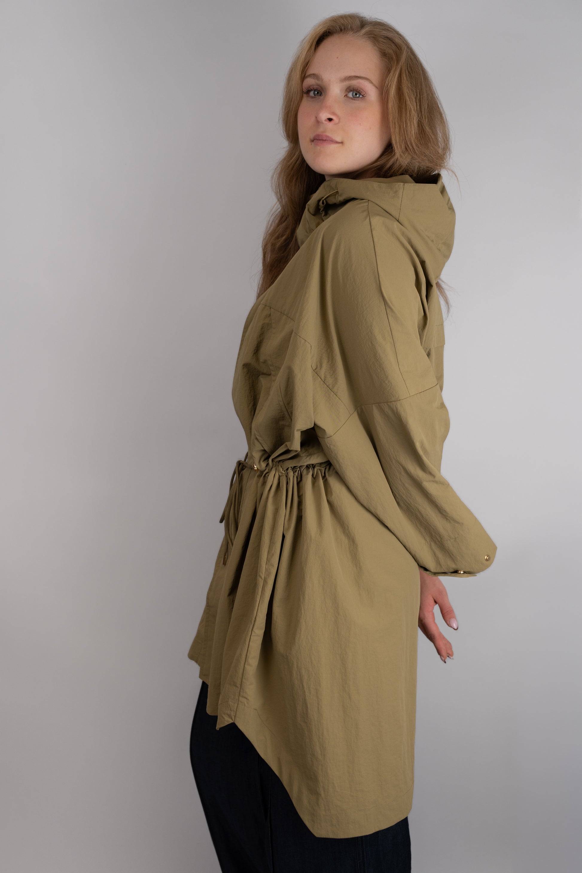 Khaki Drawstring Oversized Parka