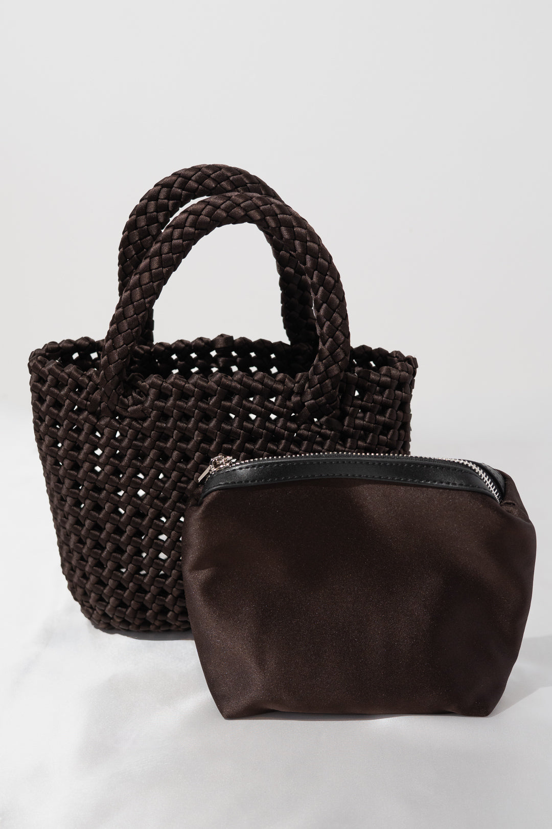 Brown Woven Silk Tote with Pouch