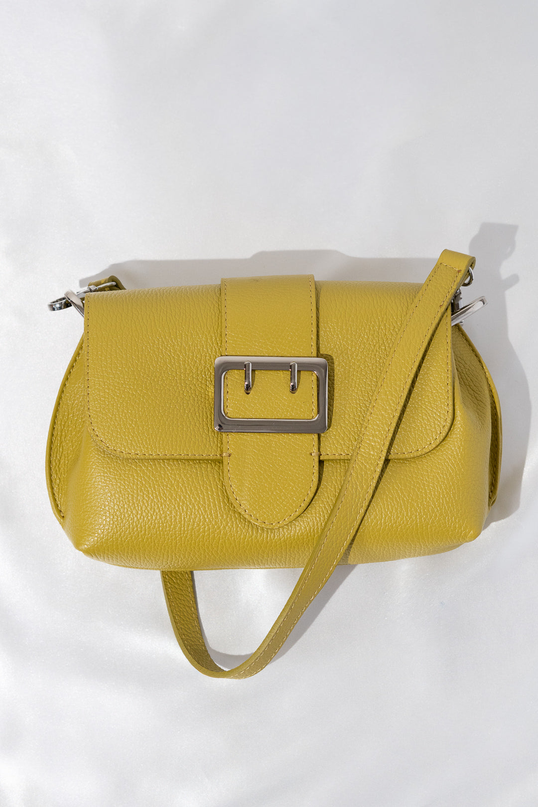 Chartreuse Pebbled Leather Buckle-Flap Crossbody Bag