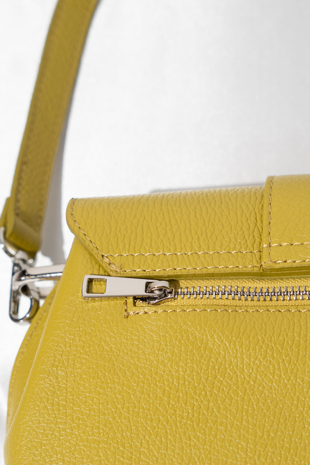 Chartreuse Pebbled Leather Buckle-Flap Crossbody Bag
