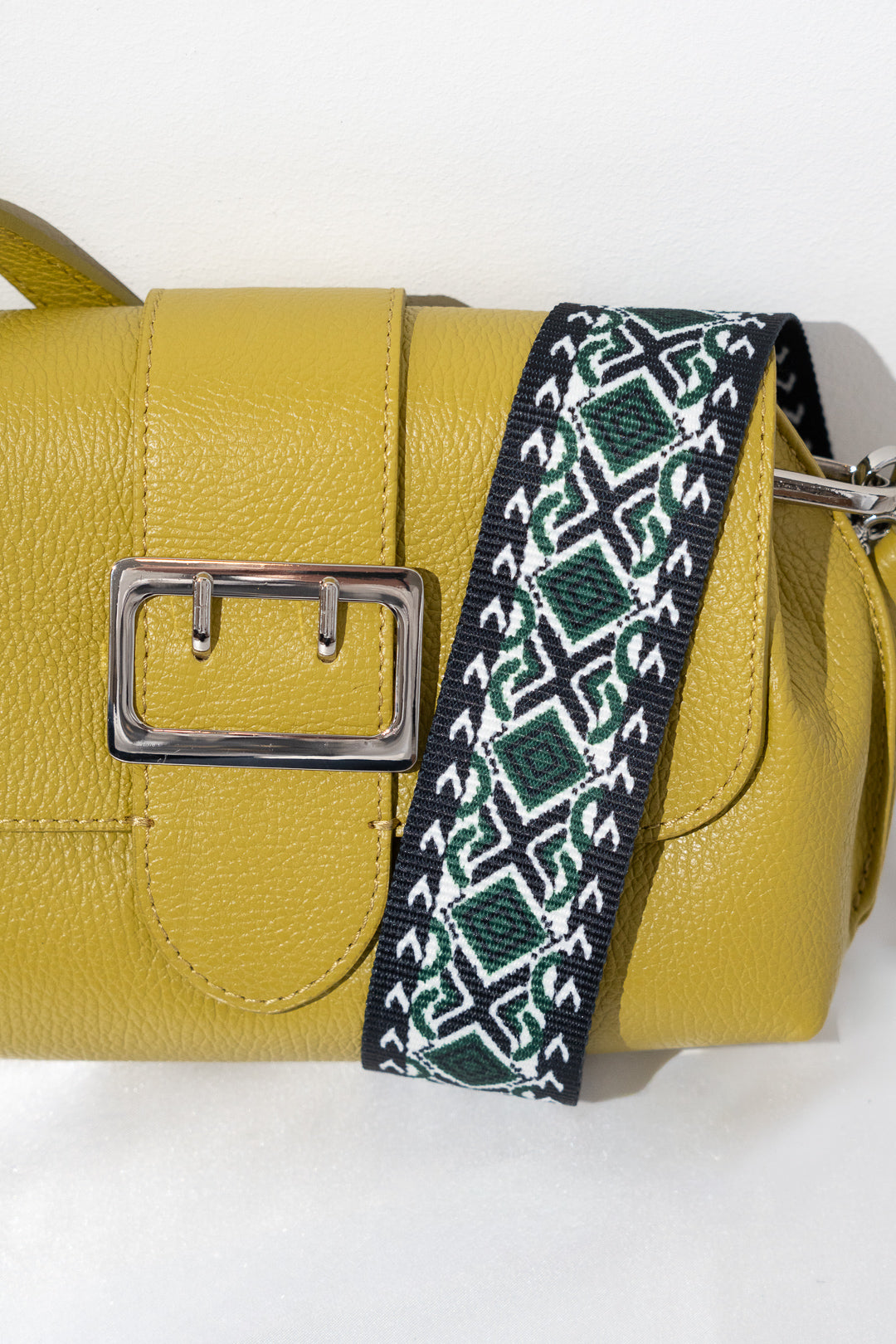Chartreuse Pebbled Leather Buckle-Flap Crossbody Bag