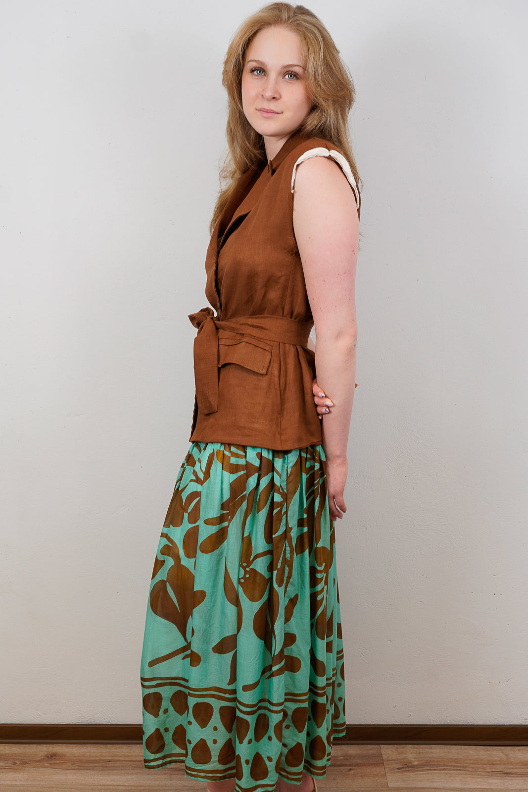 Brown Sleeveless Dress with Aqua Printed Skirt